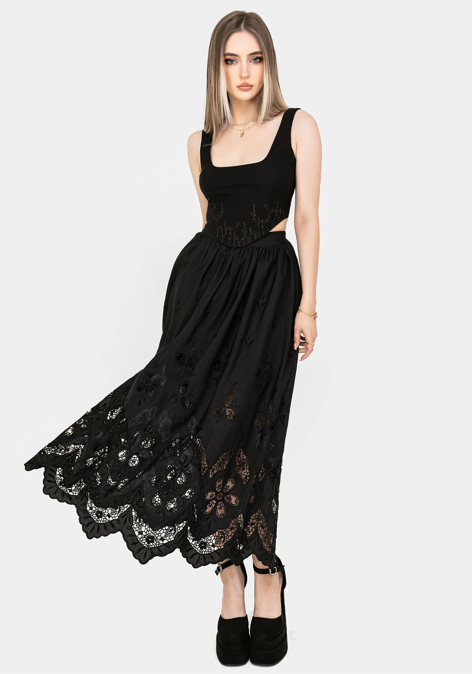 Reinforced Seams Maple Broderie Hem Maxi Skirt