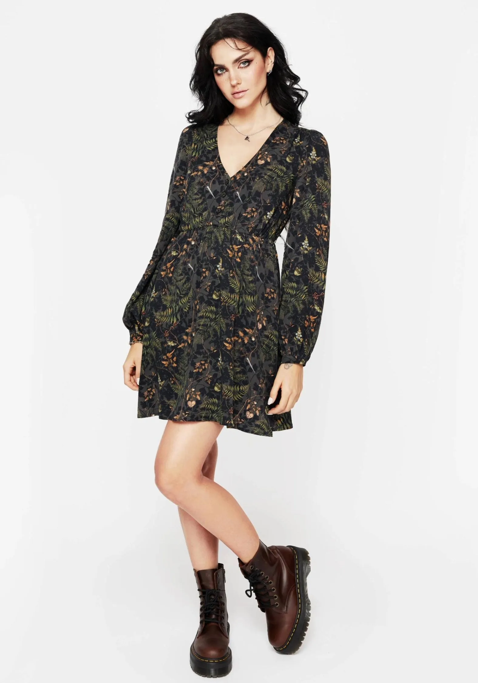 Water-Repellent-Finish Wither Fern Print Balloon Sleeve Mini Dress