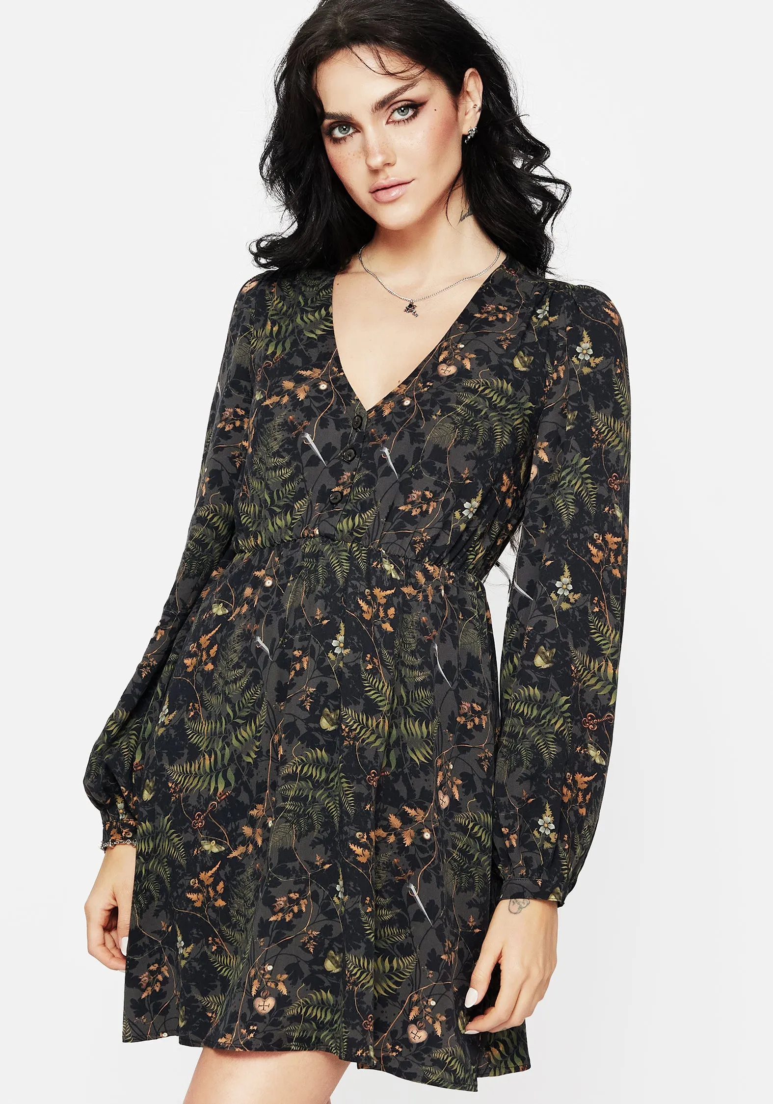 Invisible Zipper Closure Wither Fern Print Balloon Sleeve Mini Dress