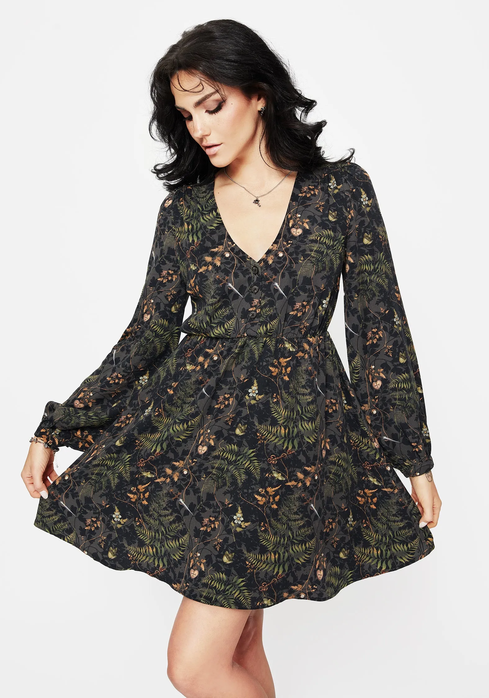Classic structured dress perfect for events Wither Fern Print Balloon Sleeve Mini Dress