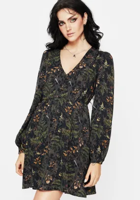 Invisible Zipper Closure Wither Fern Print Balloon Sleeve Mini Dress