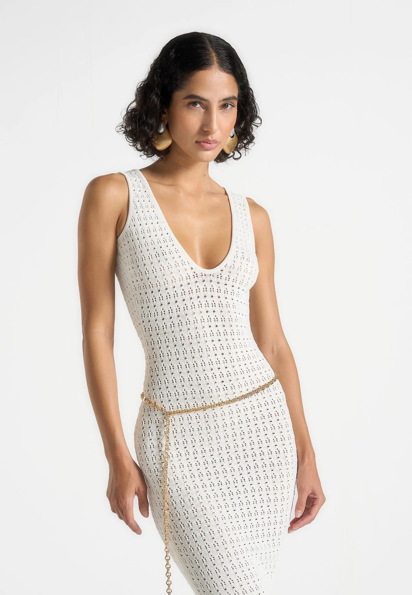 Myriam - Pointelle Plunge Midaxi Dress With Chain - Cream Minimalist-Trend