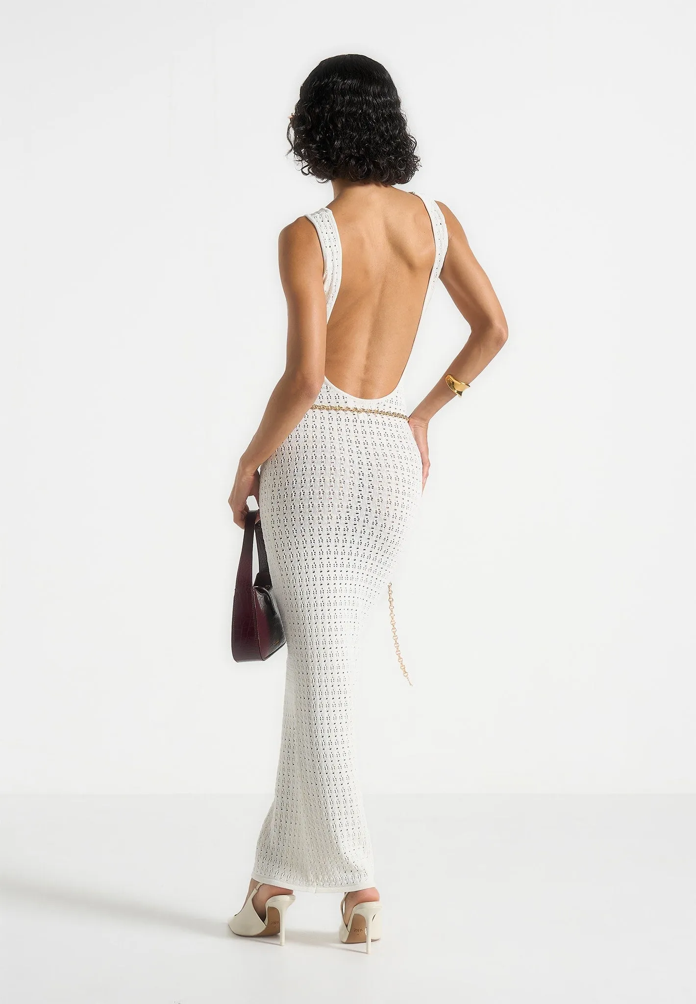 Everyday-Comfort High-waist Myriam - Pointelle Plunge Midaxi Dress With Chain - Cream