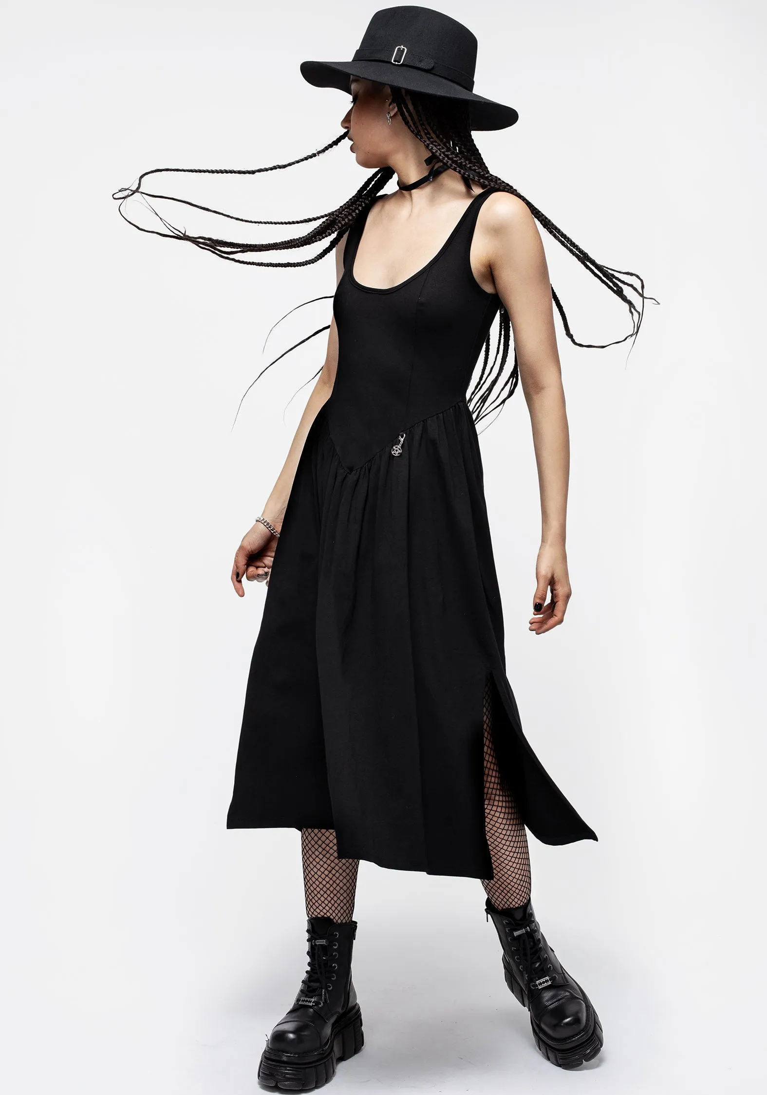 Astarte Basque Waistline Jersey Midi Dress Airy Fabric High Cut