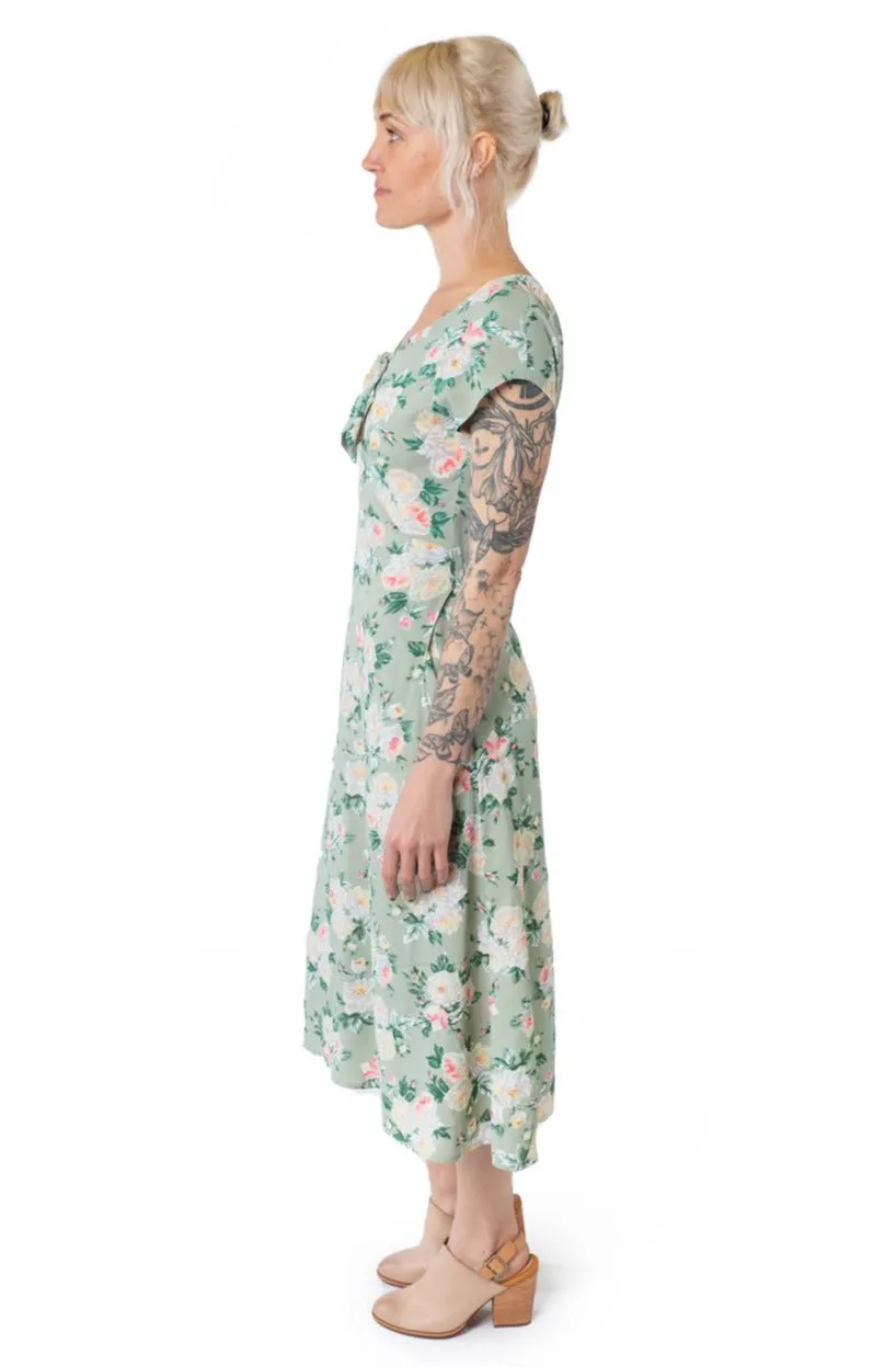 Tatiana Dress in Sage Floral Flattering Lines Jewel Accent