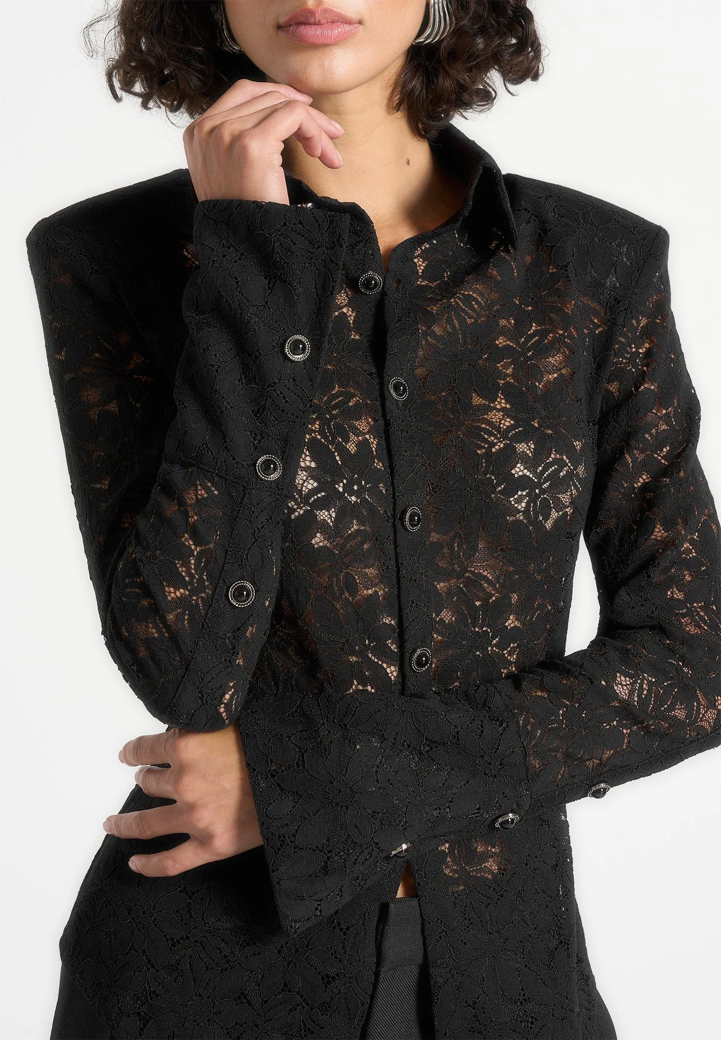 Sila - Wide Shoulder Lace Angled Shirt - Black Ethically Sourced Material