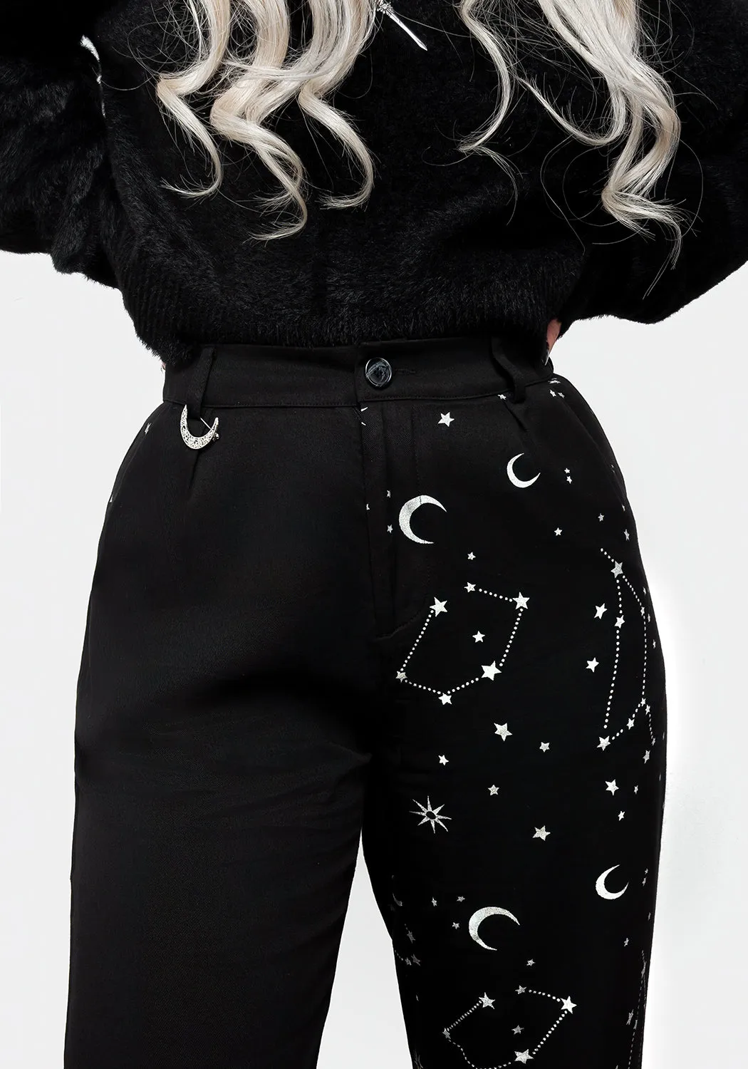 Easy Vibe Airy Look Silver Celestial Print Spliced Tapered Trousers