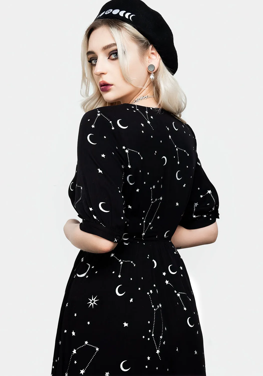 Layer Safe Silver Celestial Print Sweetheart Midi Dress