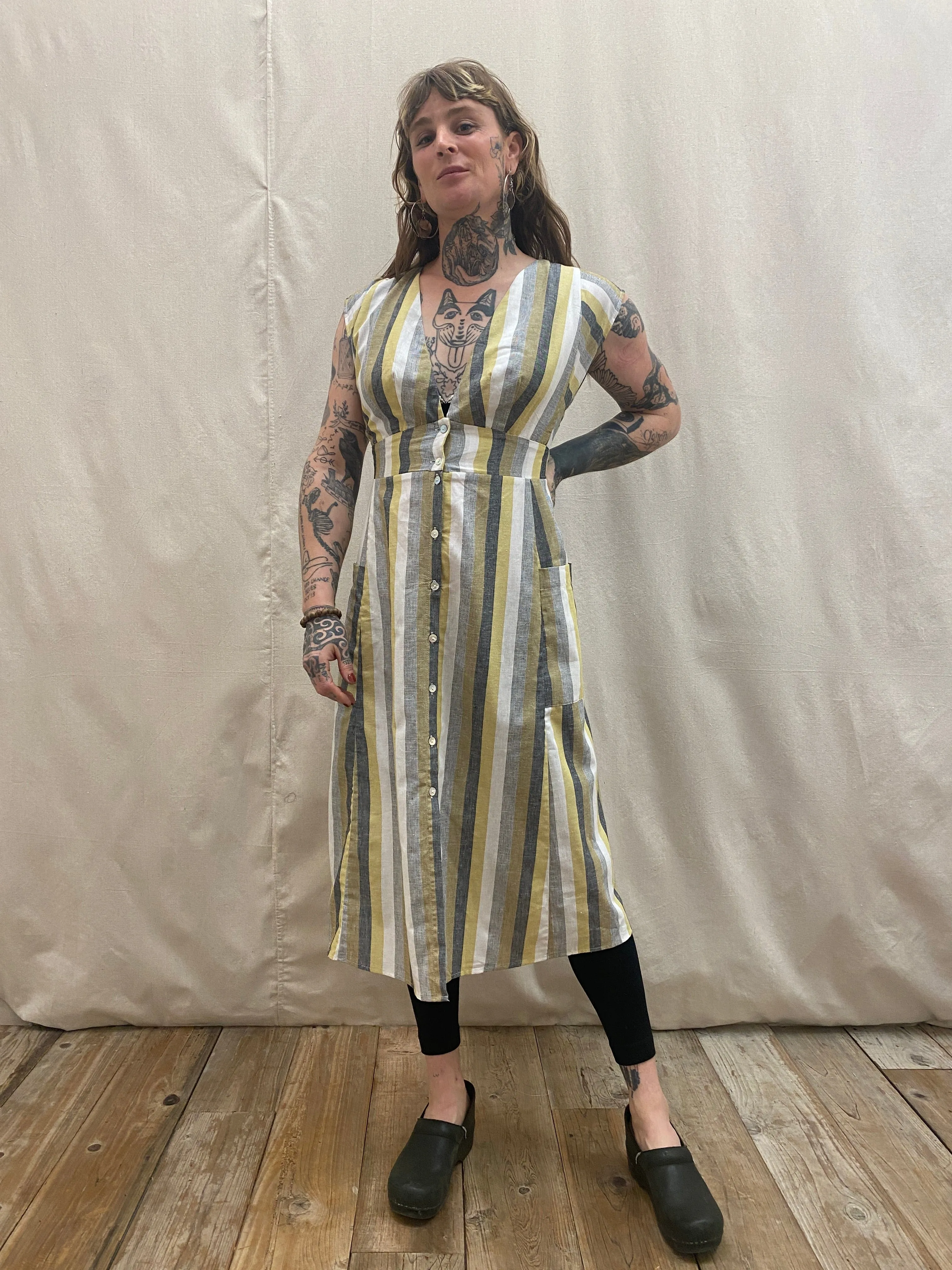 Sleek and Flattering Penelope Dress in Linen Stripe