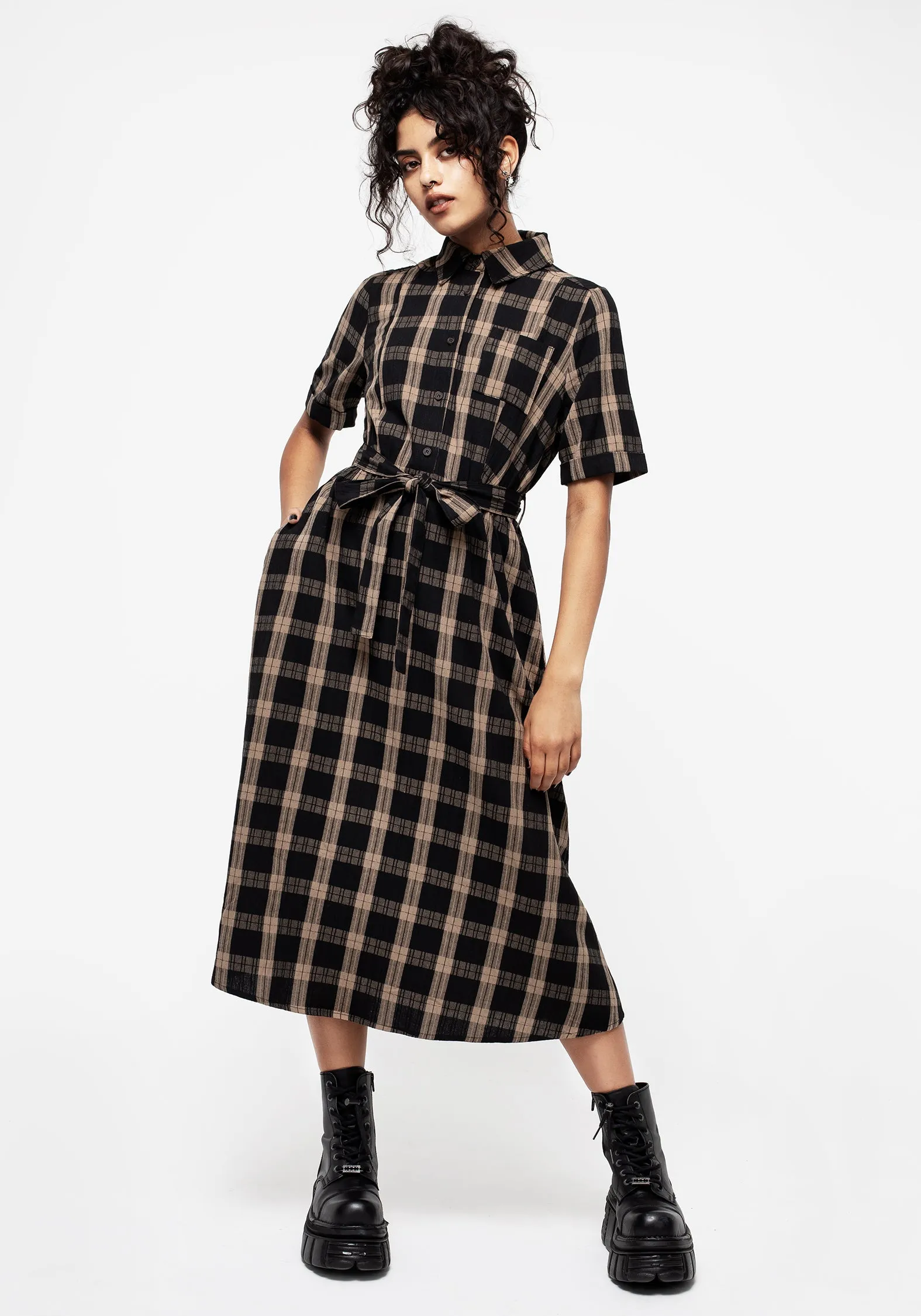 Layered Style Casual Edge Rogue Check Cotton Midi Shirt Dress