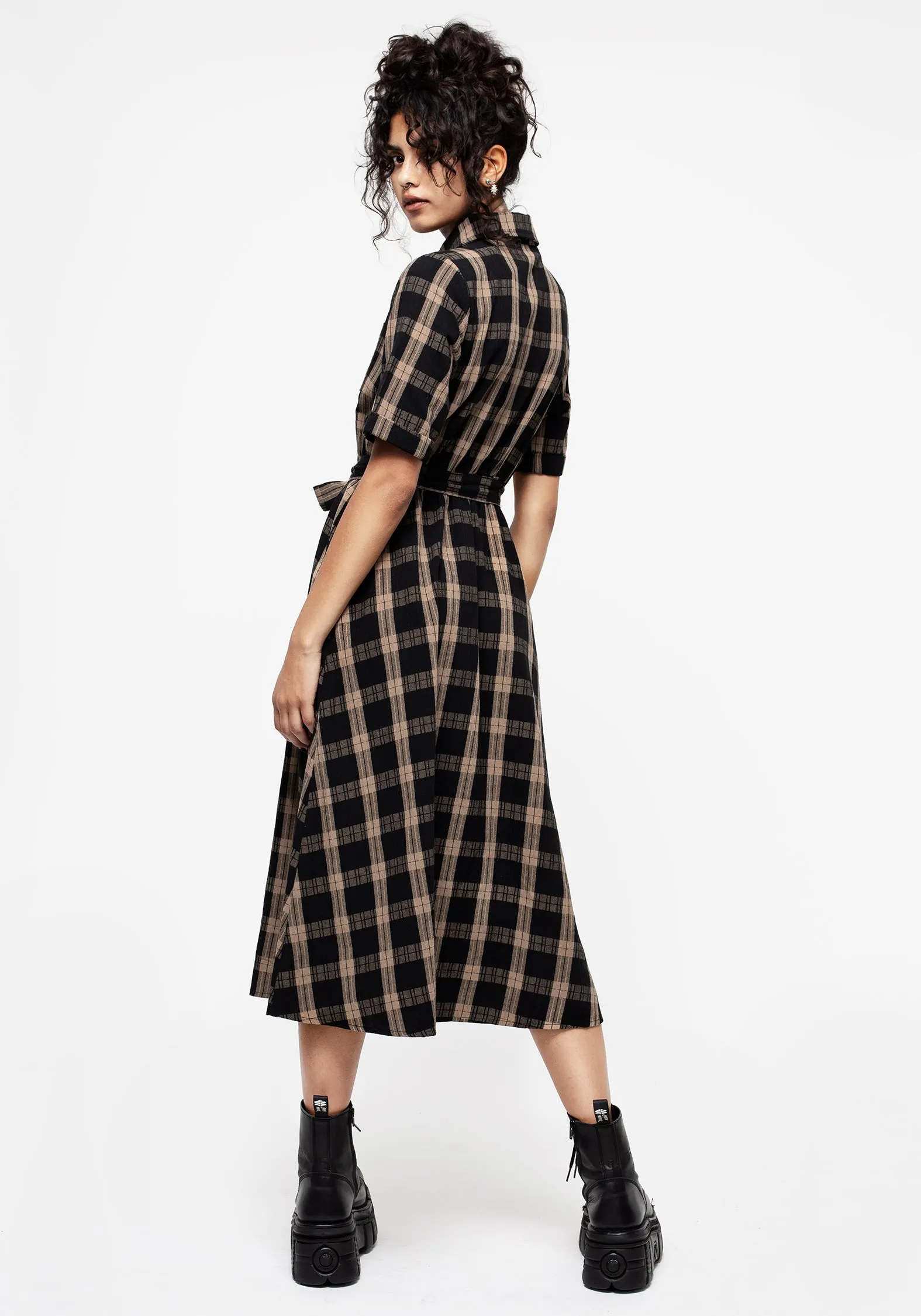 Rogue Check Cotton Midi Shirt Dress Front-Slit