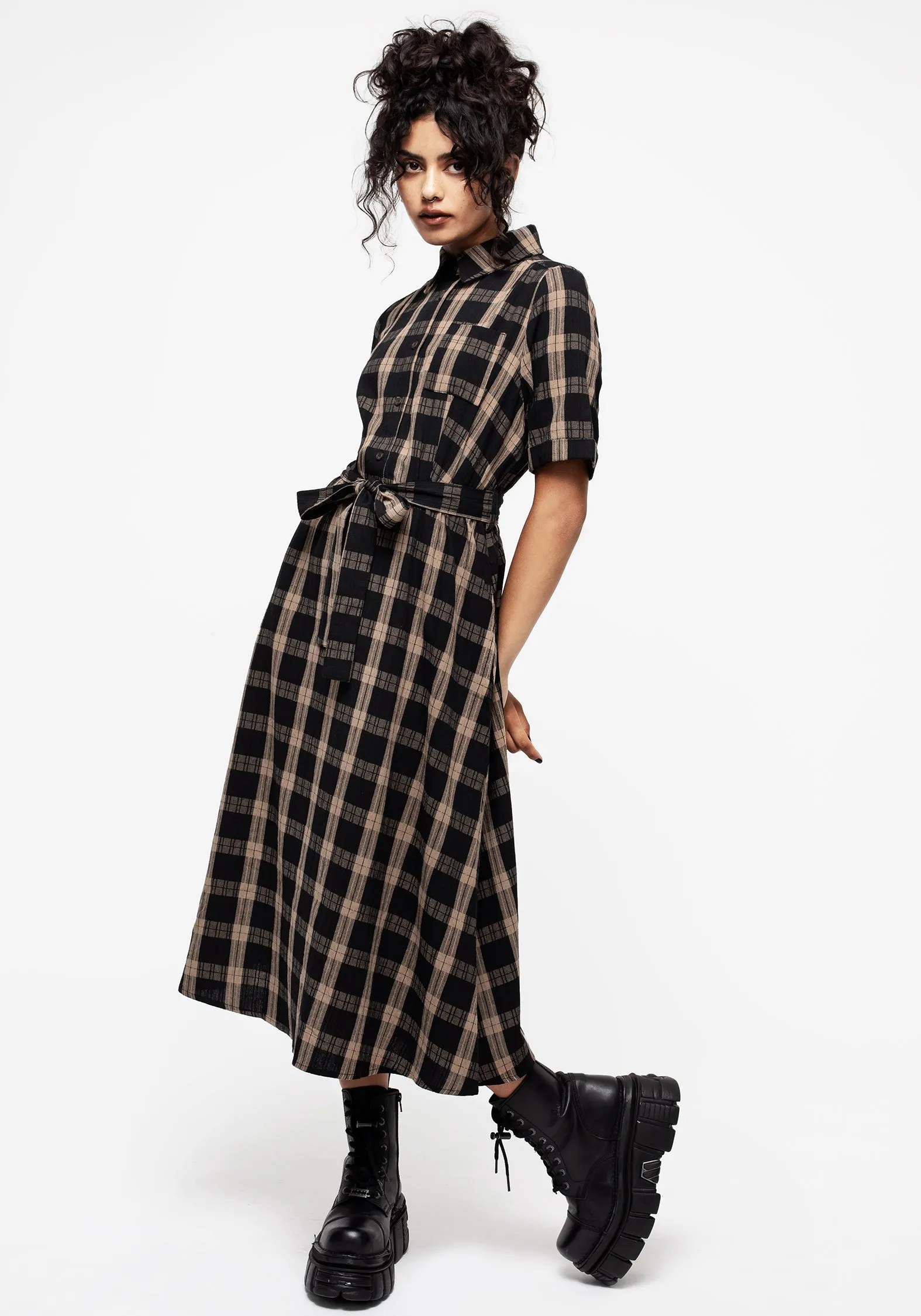 Rogue Check Cotton Midi Shirt Dress Forest trail