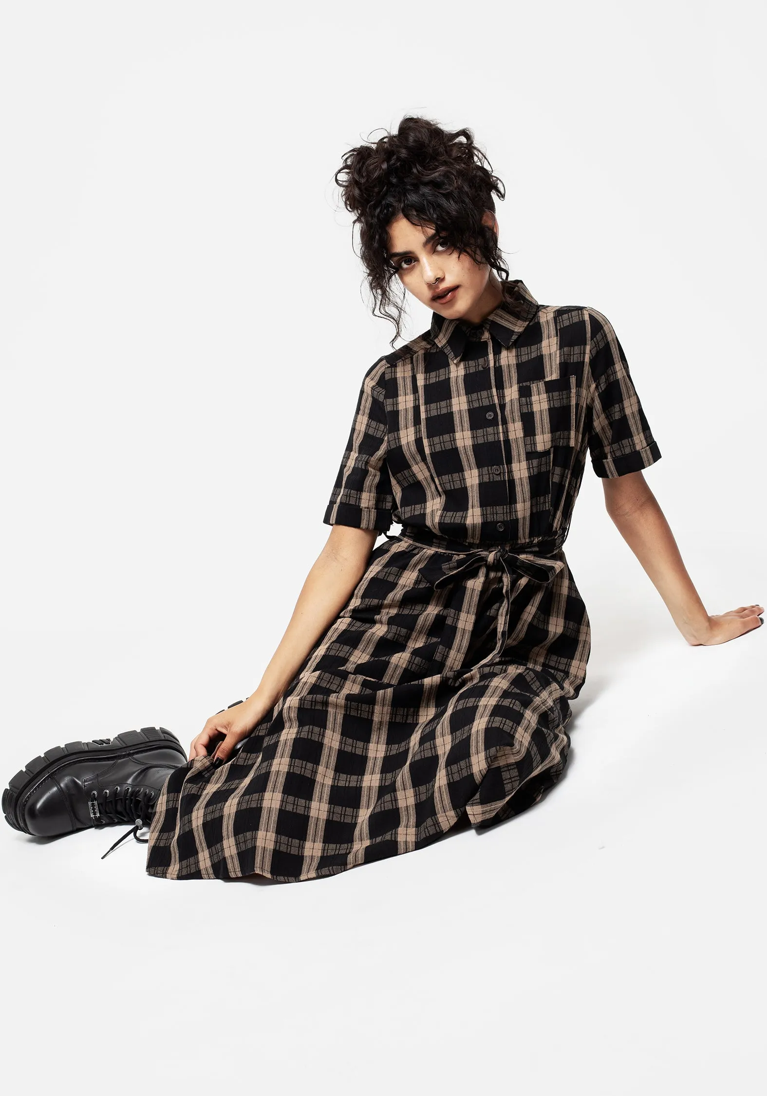 Air Comfort Versatile Piece Rogue Check Cotton Midi Shirt Dress