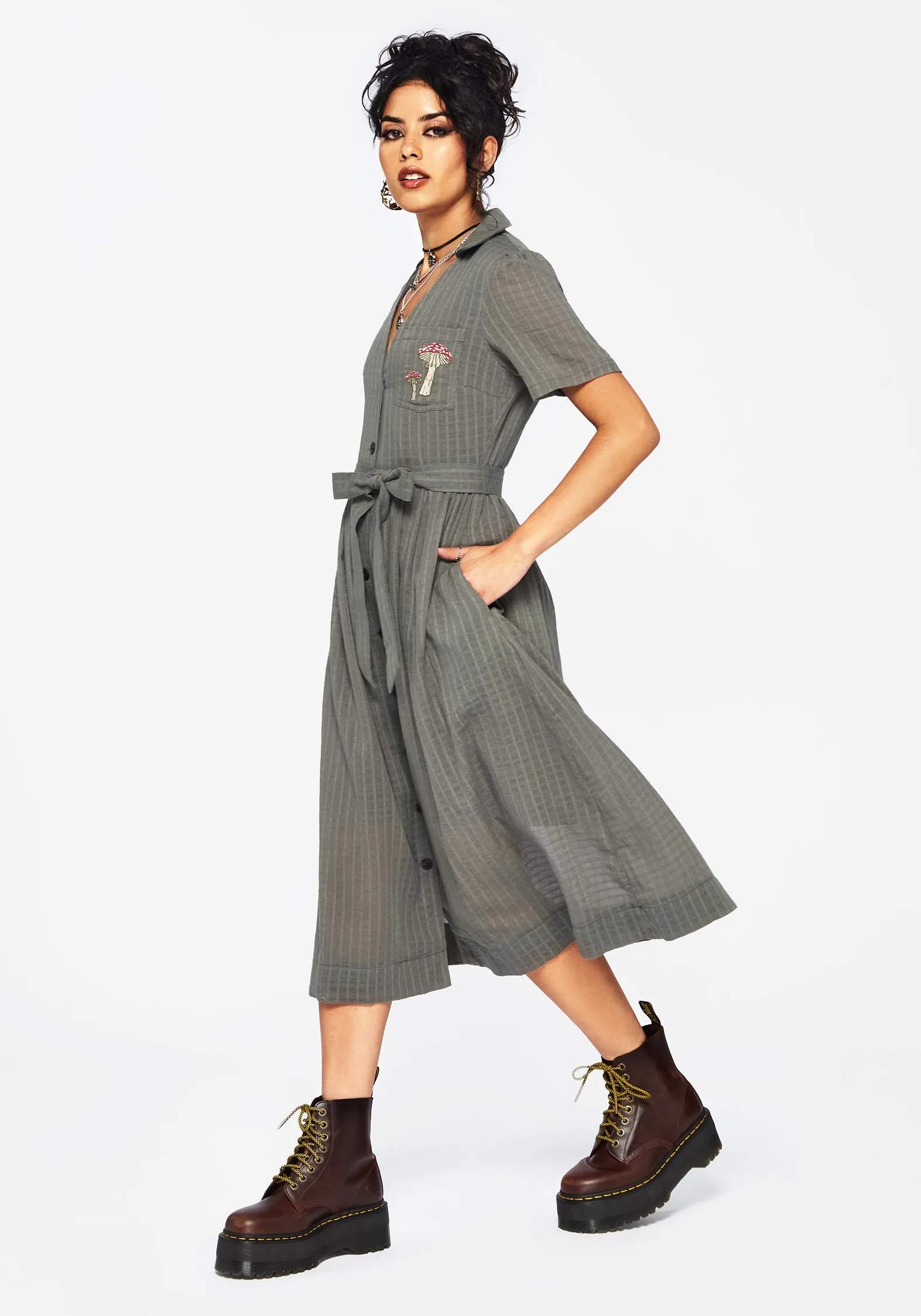 Koax Cotton Check Embroidered Button Up Midi Shirt Dress Comfortable Layering