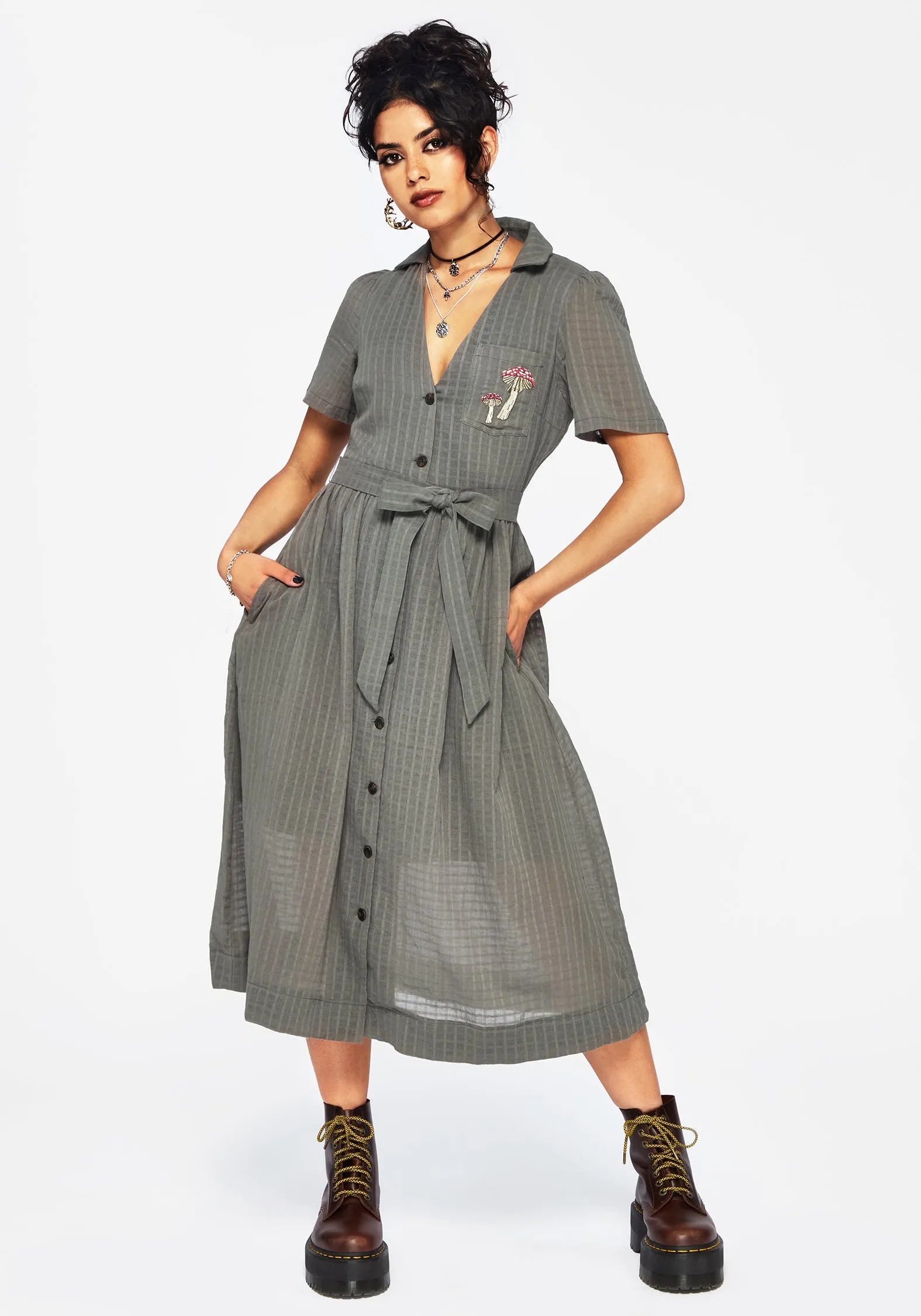 Koax Cotton Check Embroidered Button Up Midi Shirt Dress Trendy midi dress