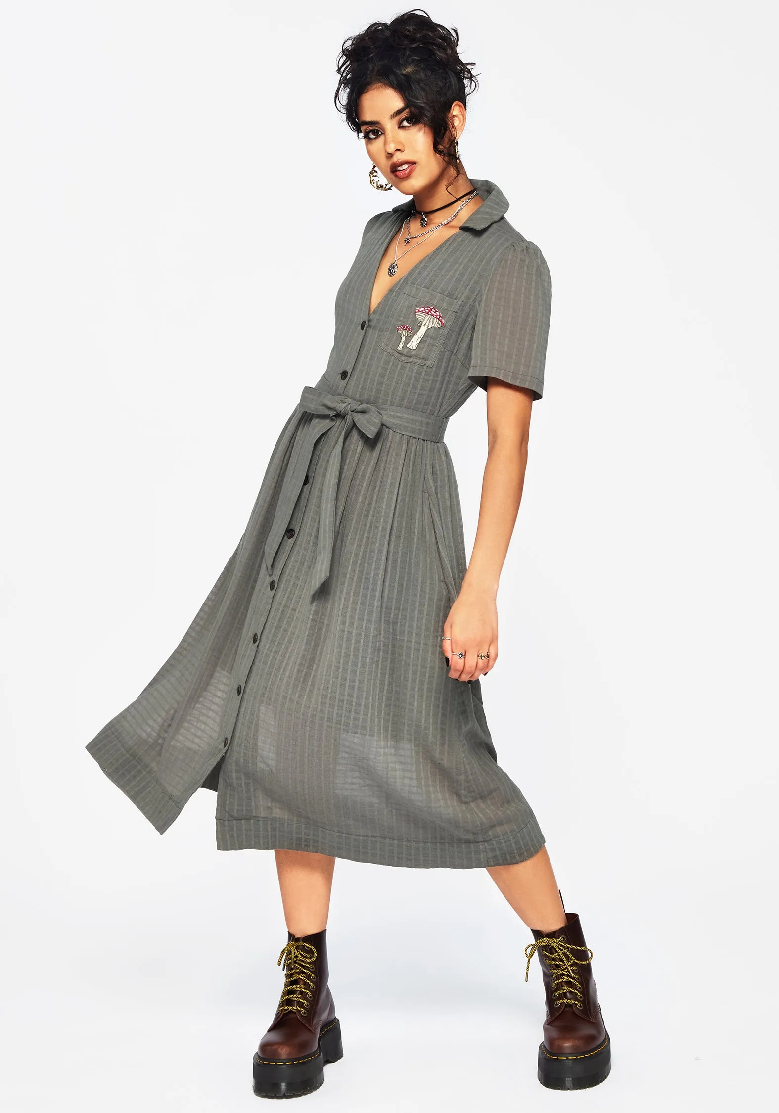 Koax Cotton Check Embroidered Button Up Midi Shirt Dress Art Soul Sheer Light