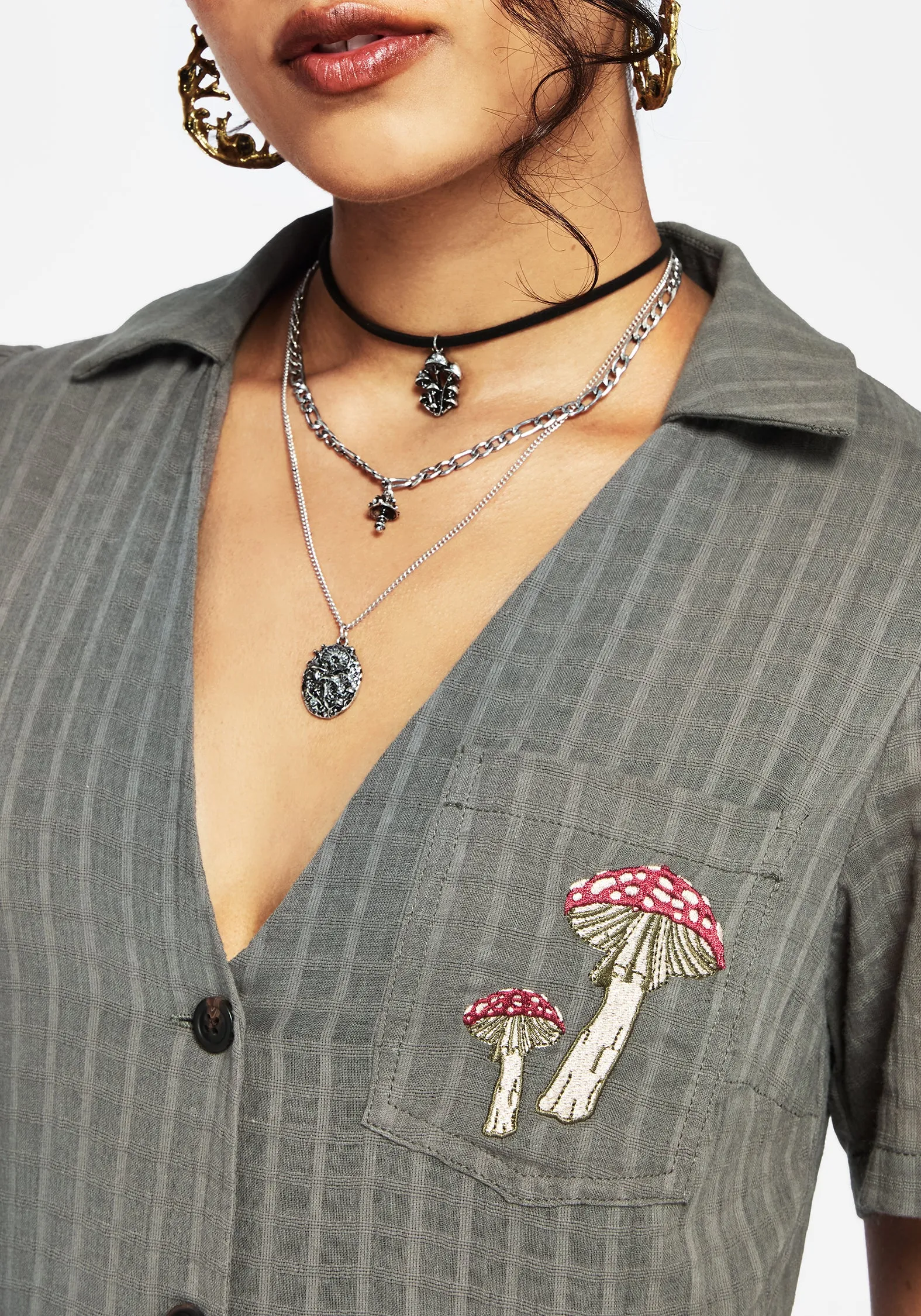 Travel Friendly Koax Cotton Check Embroidered Button Up Midi Shirt Dress