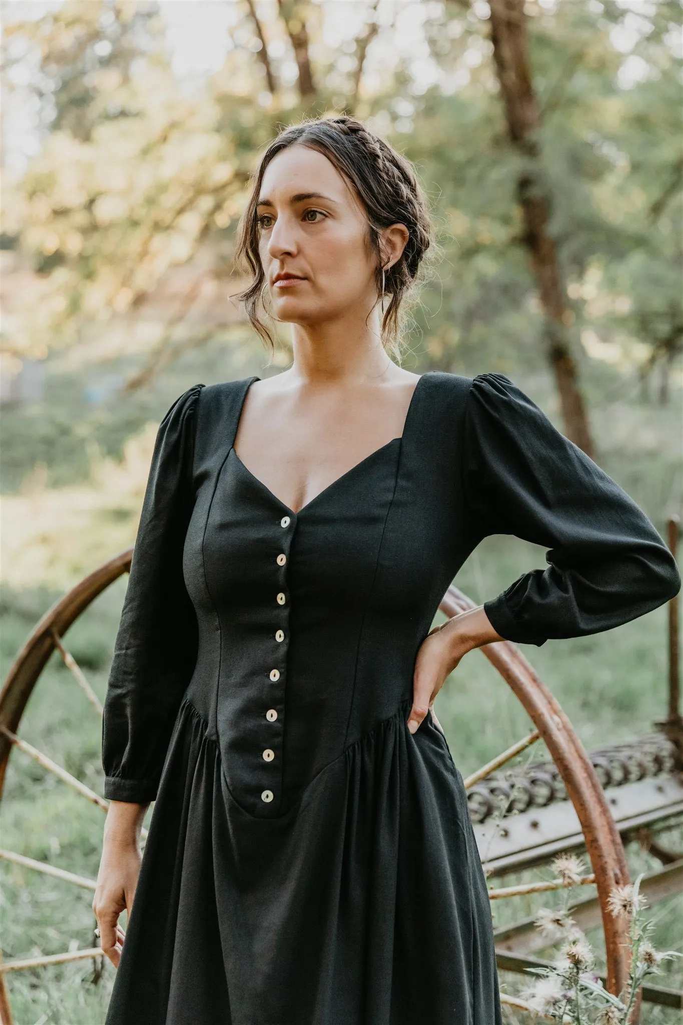 Prairie Dress in Black Linen Elegant Wearable Weekend Casual