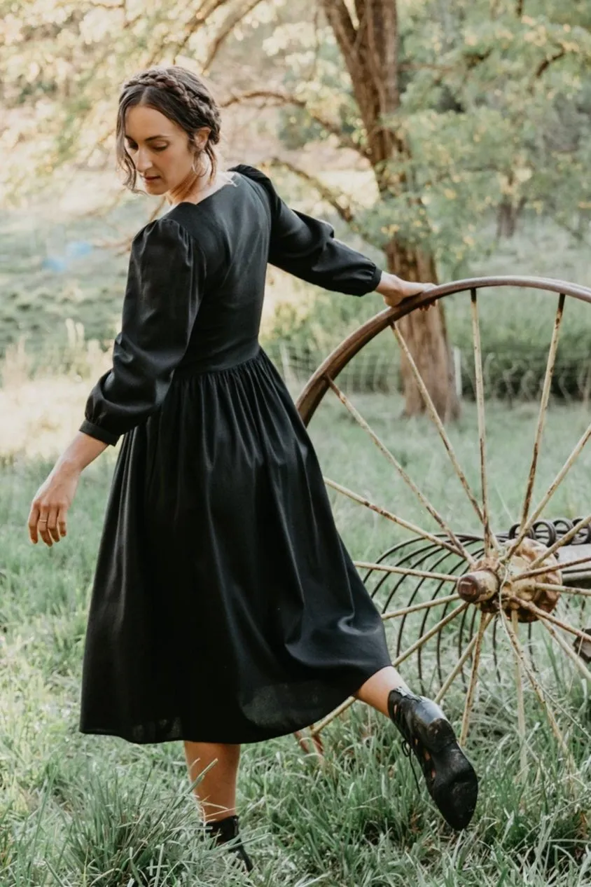 Prairie Dress in Black Linen Daily Wear