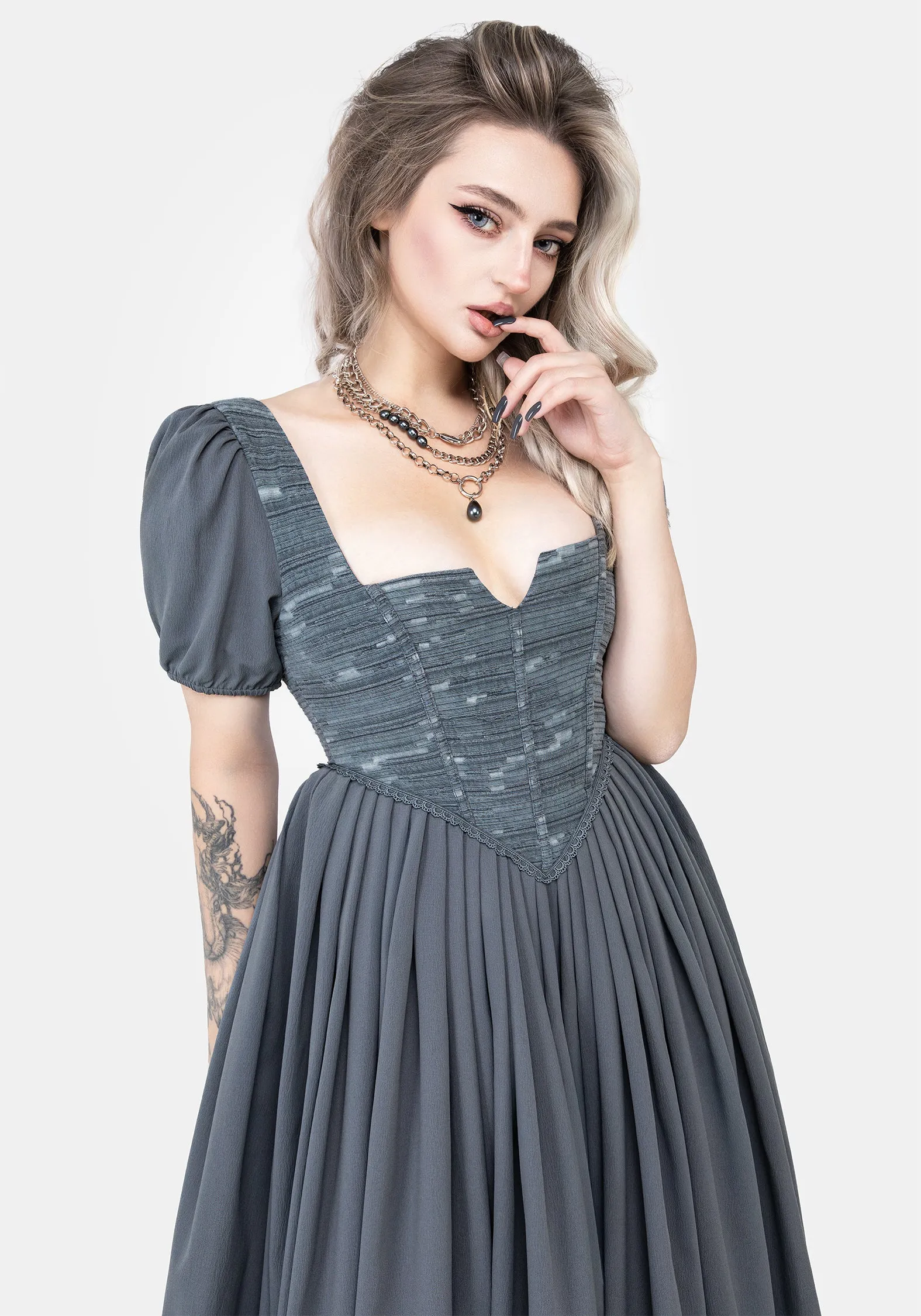Event Chic Slain Puff Sleeve Corset Midi Dress