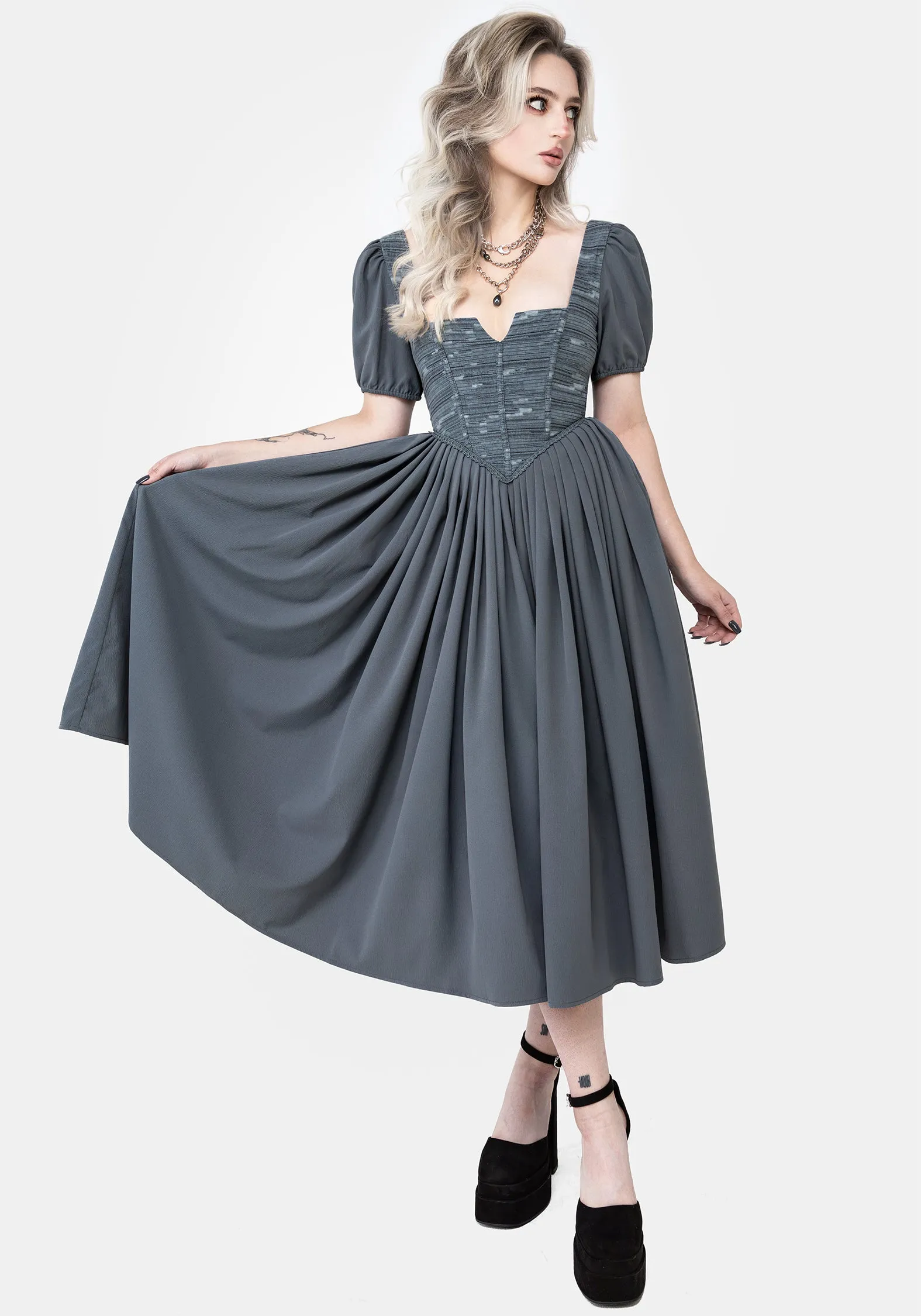 Slain Puff Sleeve Corset Midi Dress Easy Drape Puff-Sleeve