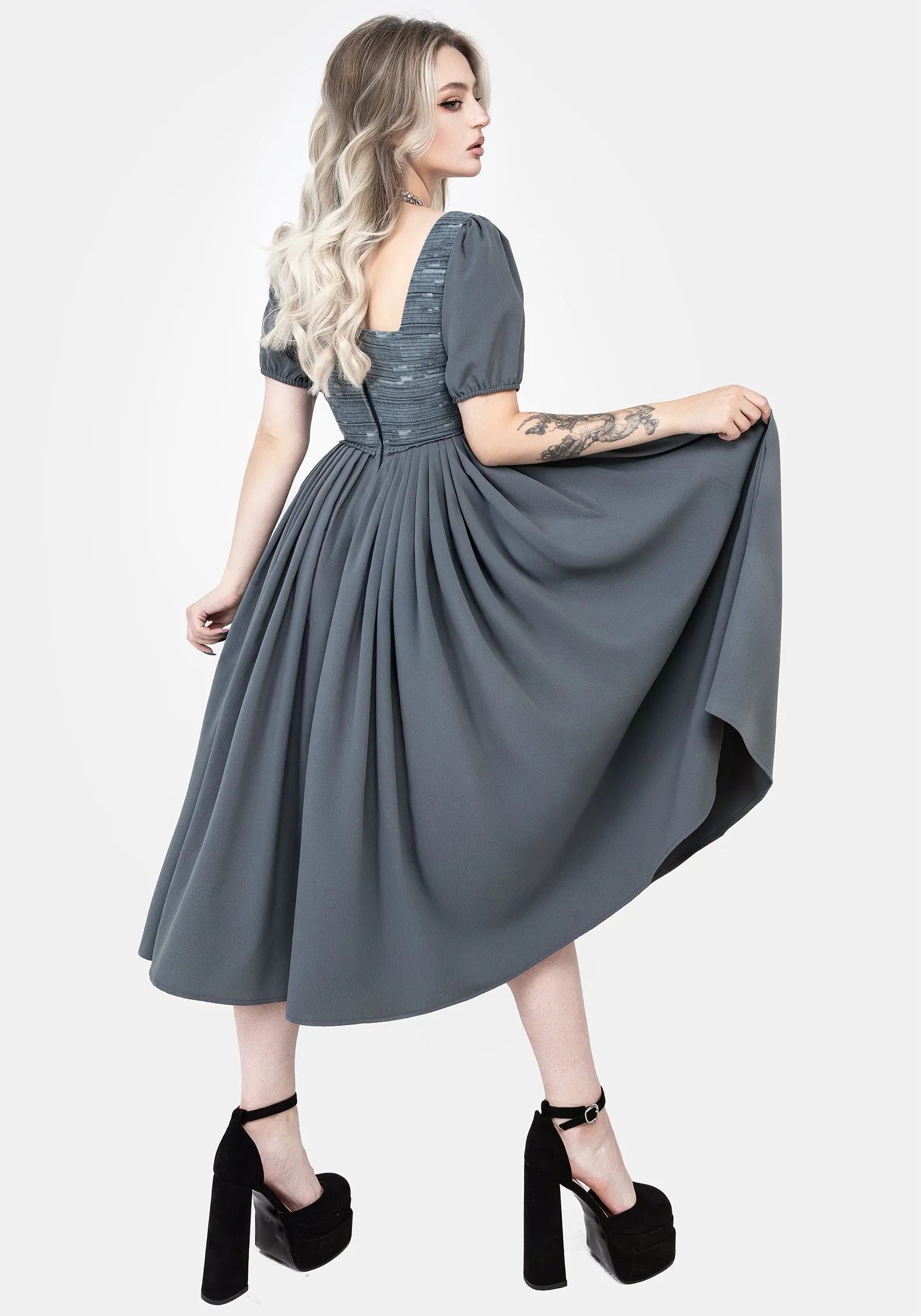 Slain Puff Sleeve Corset Midi Dress Elegant Wear Timeless Edge