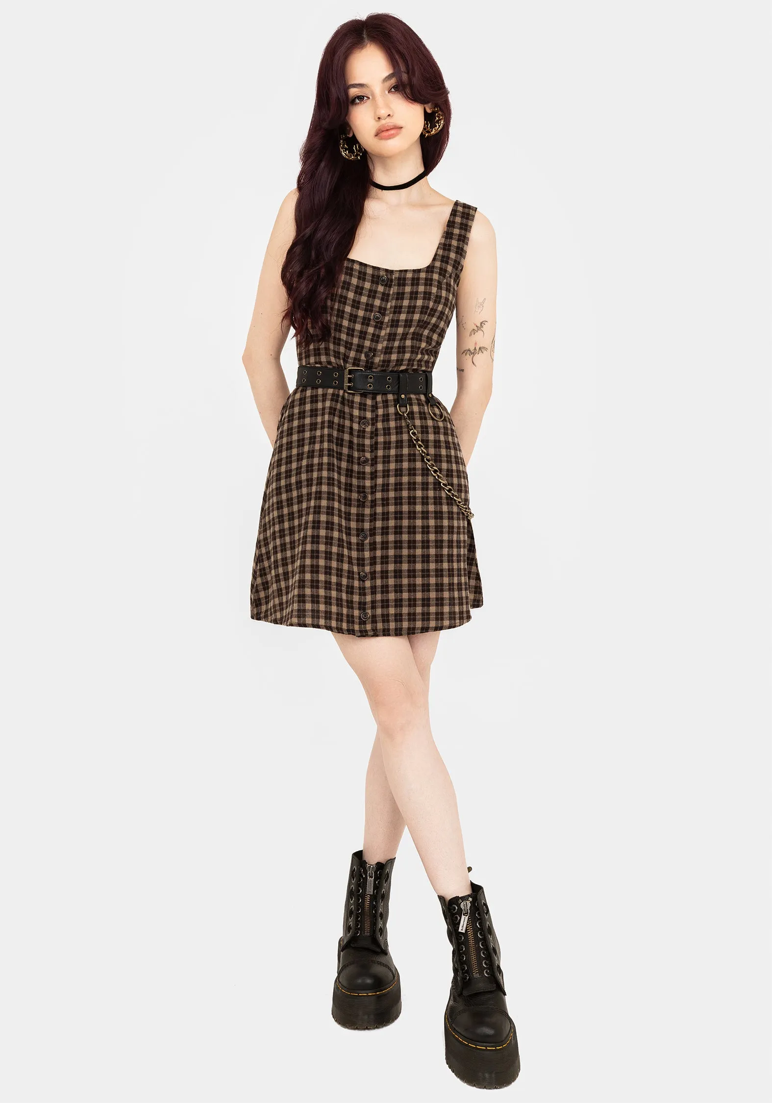 Terra Cotton Check Sleeveless Button Up Mini Dress - Brown Open Design Dreamy Flow