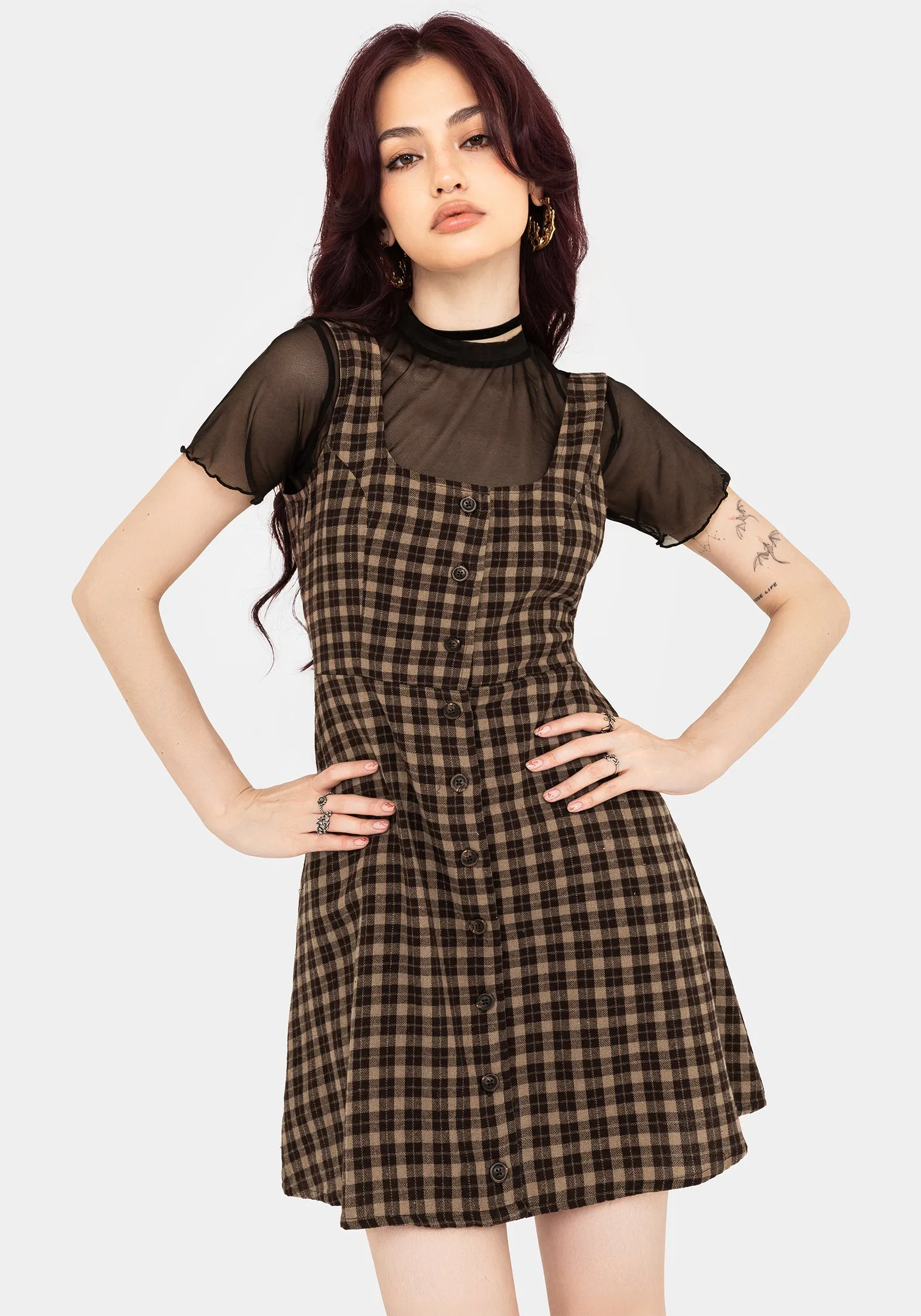 Convertible Straps Terra Cotton Check Sleeveless Button Up Mini Dress - Brown