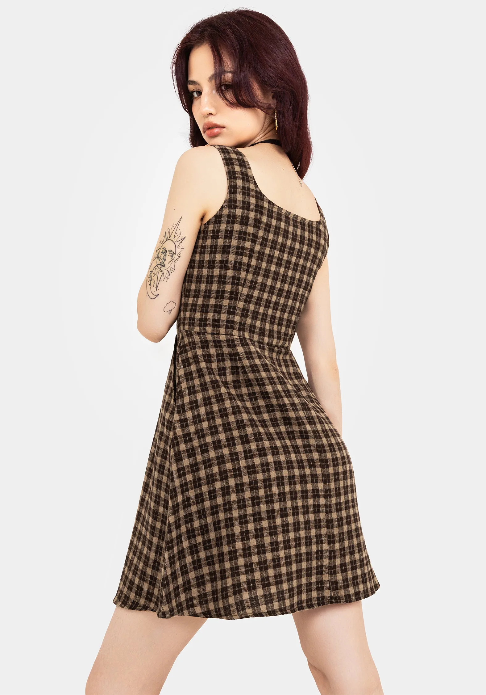 Terra Cotton Check Sleeveless Button Up Mini Dress - Brown Photo Ready skin friendly