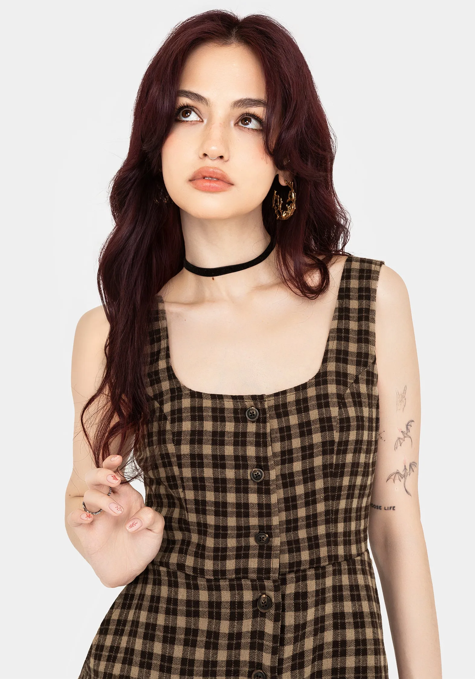 Terra Cotton Check Sleeveless Button Up Mini Dress - Brown Fashion Essential