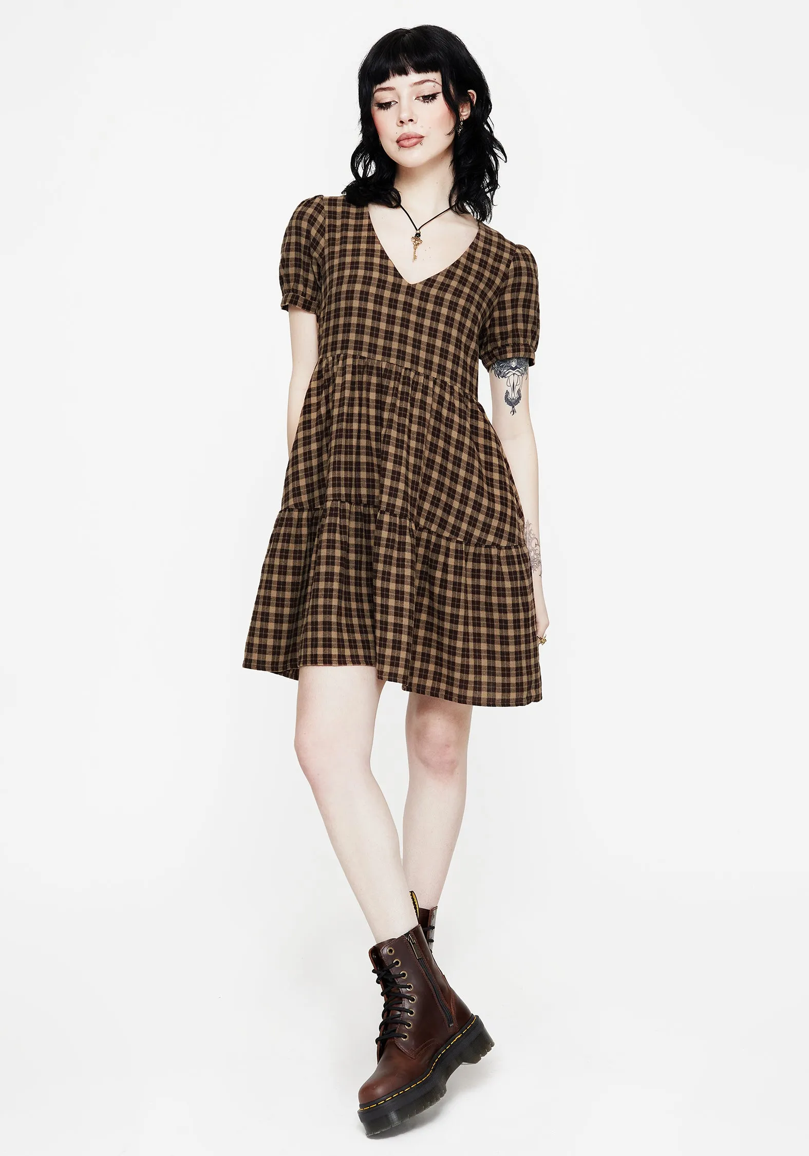 Multipurpose Date Vibe Terra Cotton Check Smock Mini Dress - Brown