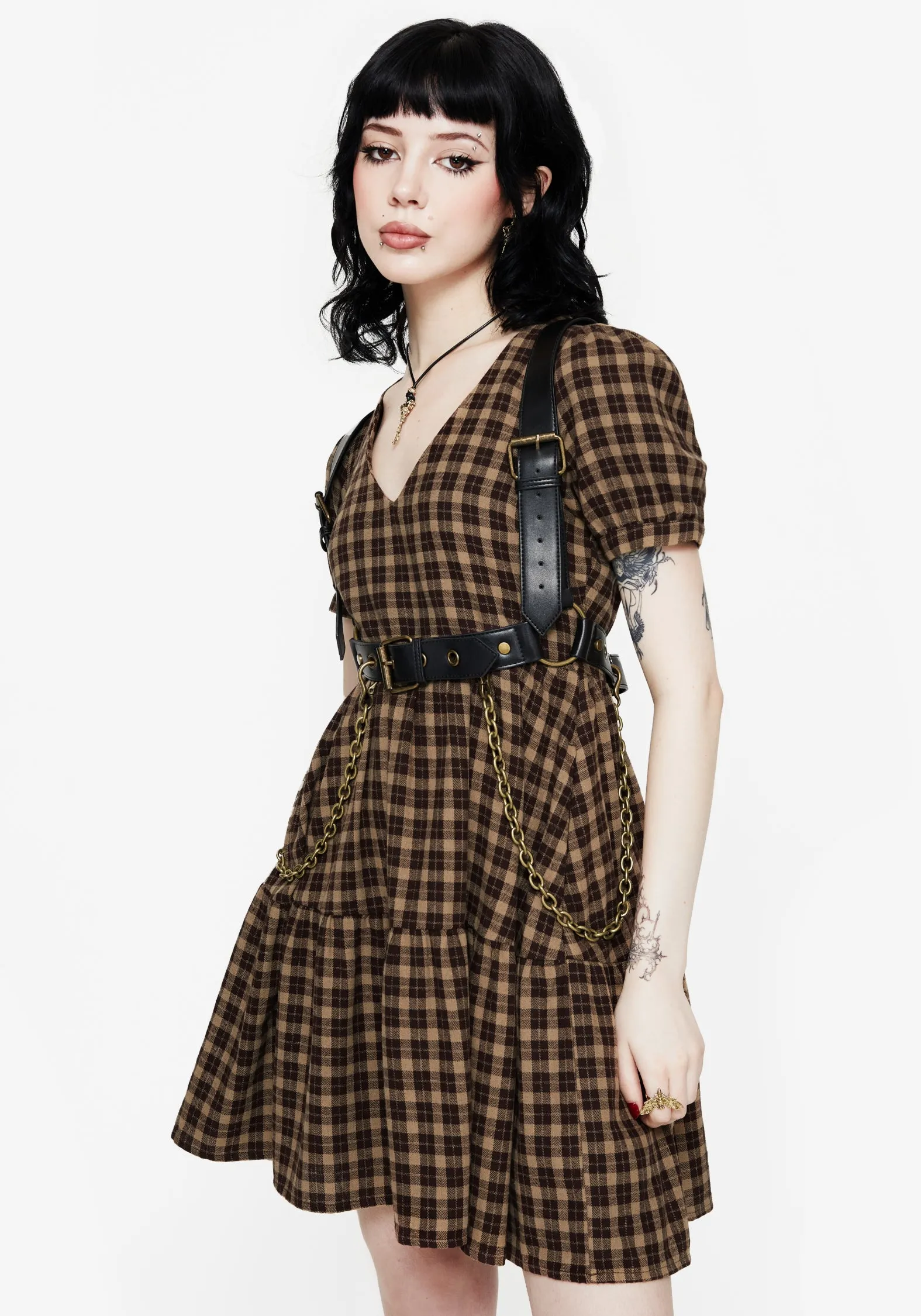 Casual Must-Have Subtle Glam Terra Cotton Check Smock Mini Dress - Brown