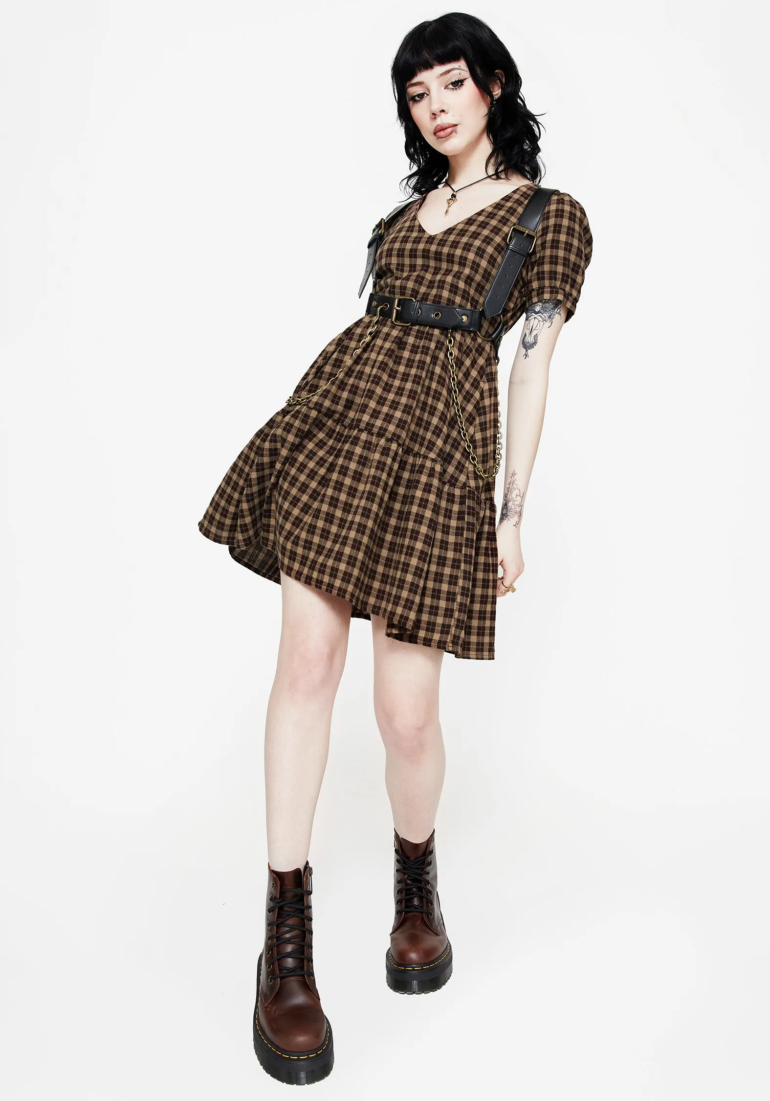 Overlapping Panel Design Light Fresh Terra Cotton Check Smock Mini Dress - Brown