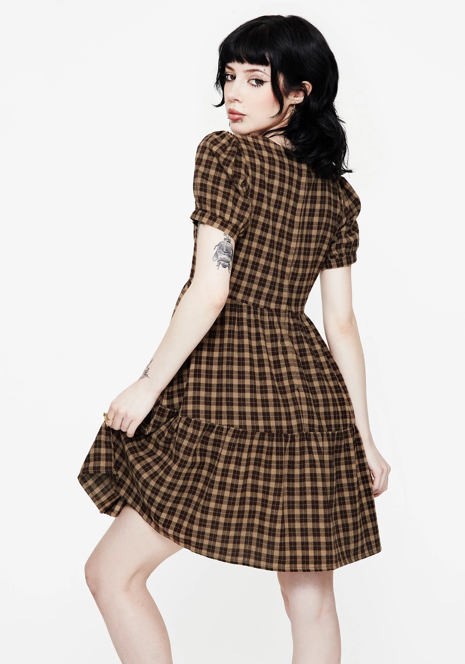 Formal Setting Terra Cotton Check Smock Mini Dress - Brown
