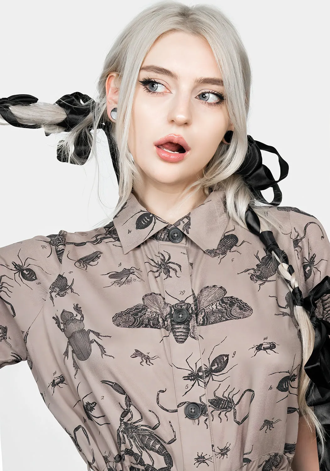 Parasite Bugs Print Midi Short Sleeve Shirt Dress - Taupe FoldablePackaging Chill Wear