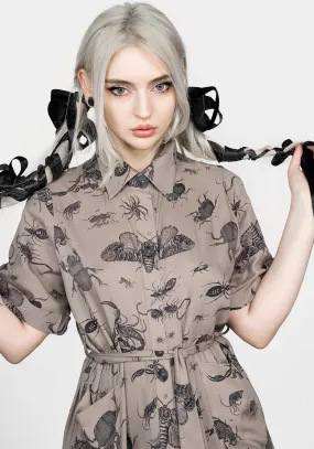 All Moments Fashionable Comfort Parasite Bugs Print Midi Short Sleeve Shirt Dress - Taupe