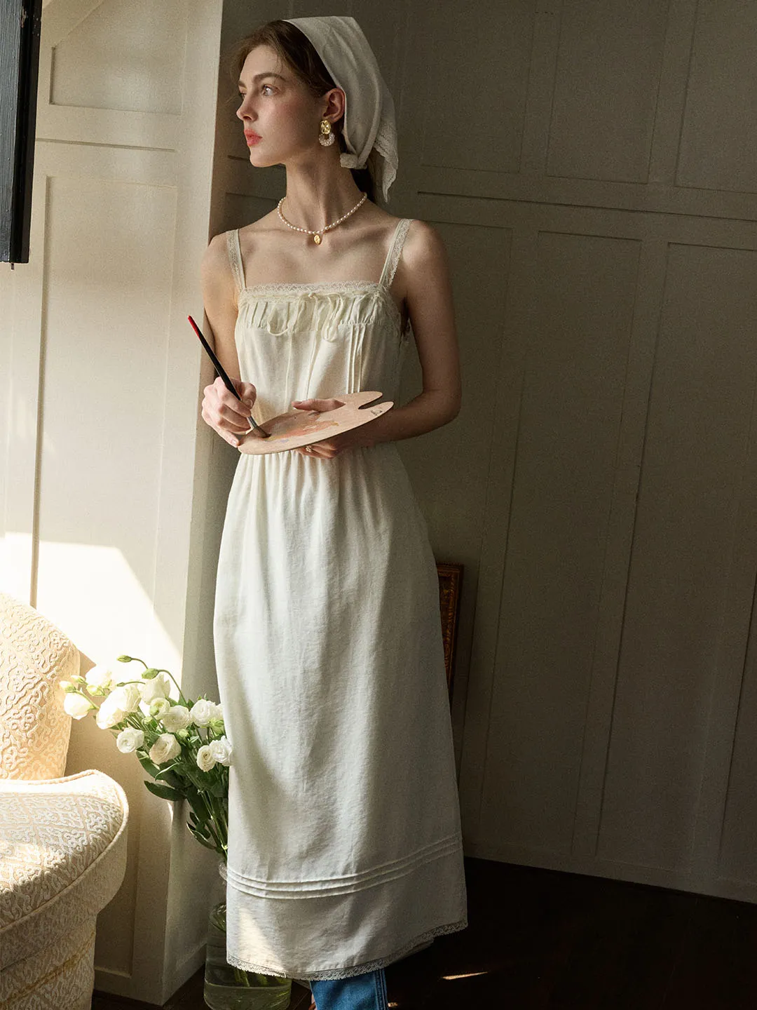 Laura Lace Square Neck Bow Sling Dress Trendy Look Stretch Fabric