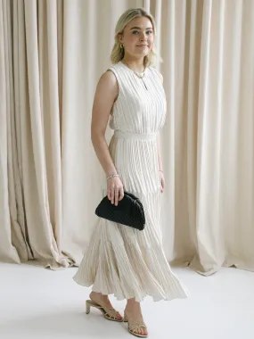 Sheer Look Party Safe Sleeveless Taupe Pleat Dress