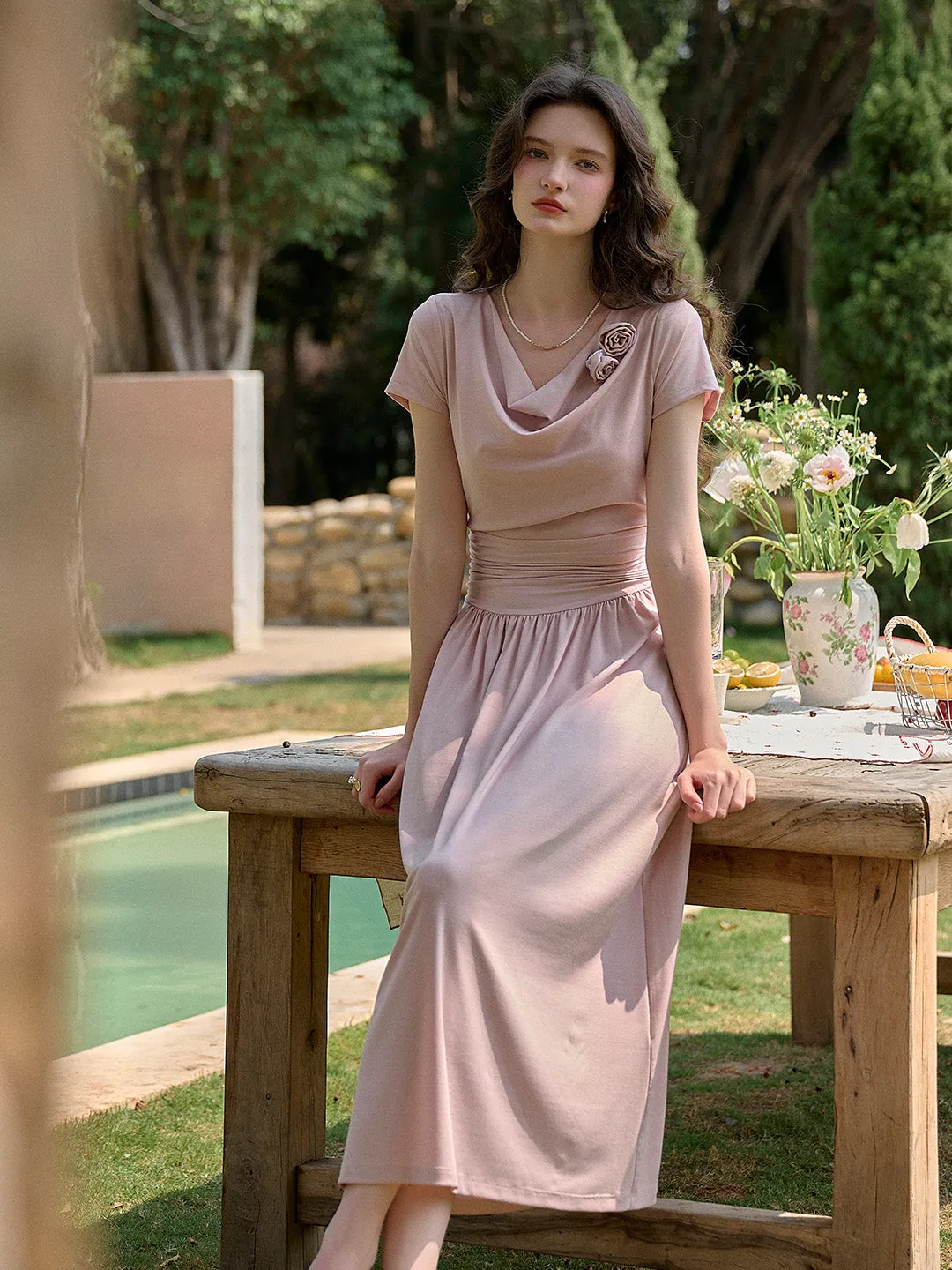 Briar Cowl Neck 3D Rose Dress Buckle-Detail Must Have