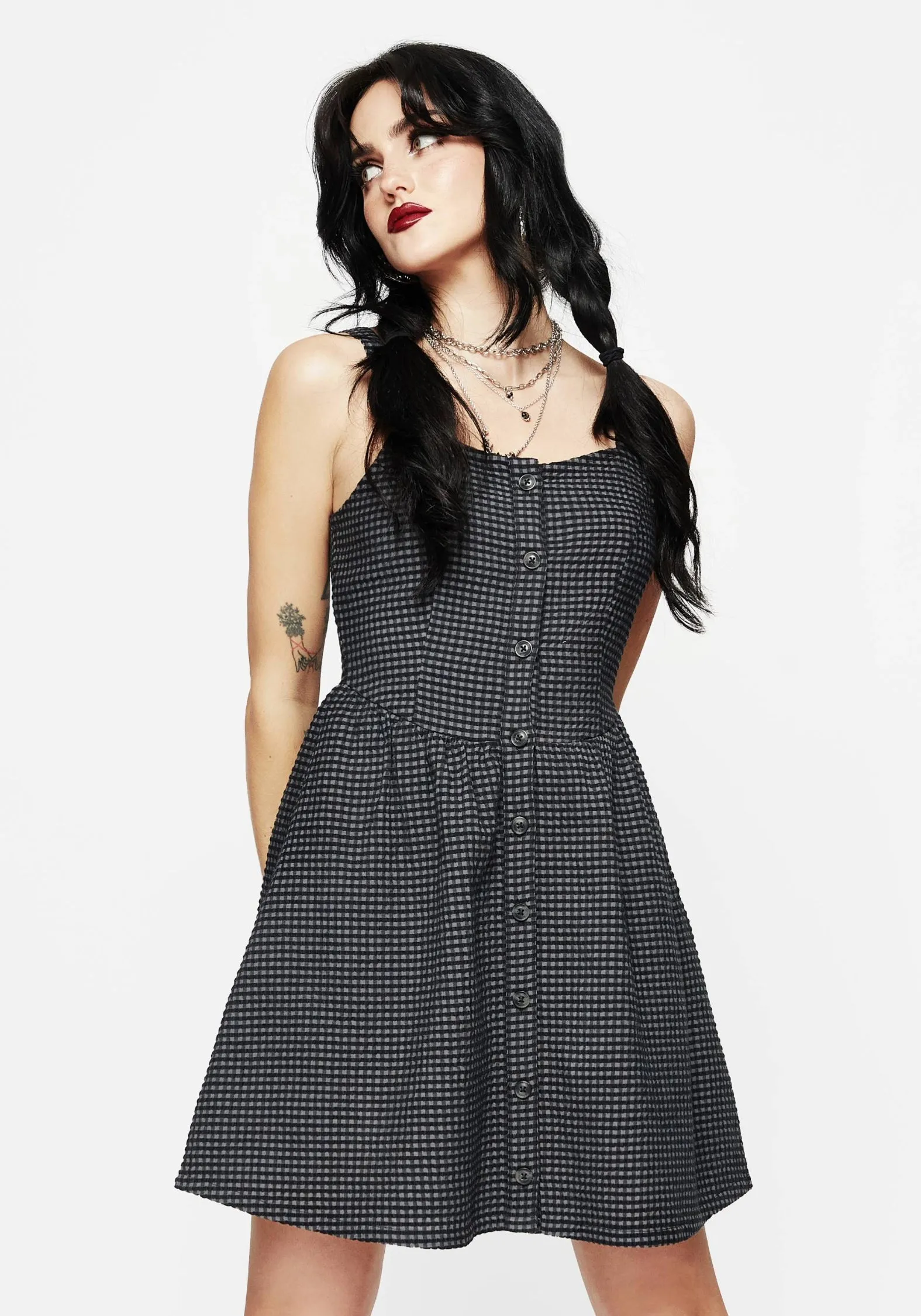 Soft Drape Faythe Cotton Check Button Up Apron Mini Dress