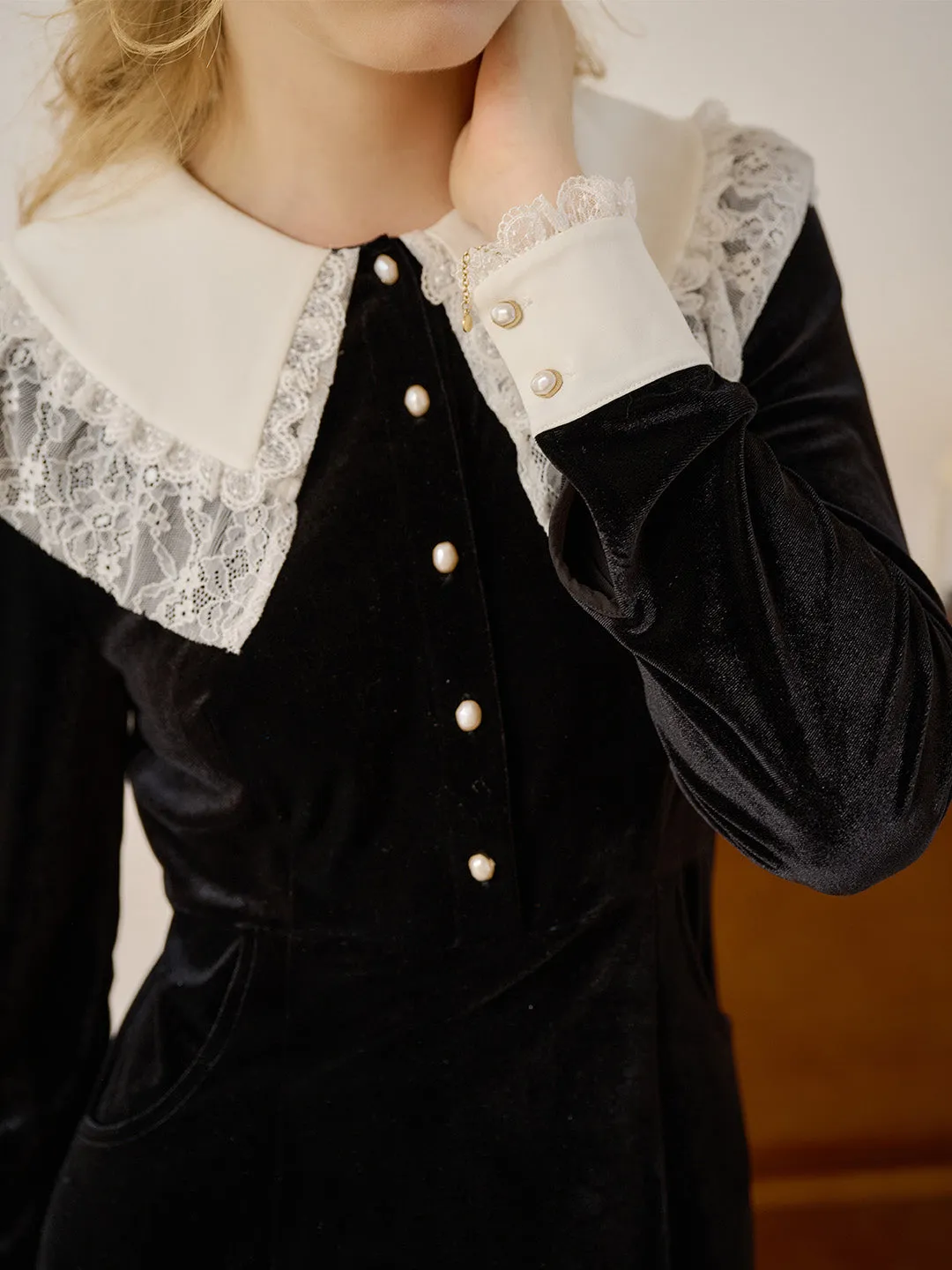 Day Romance Eden Contrast Collar Button Front Velvet Dress