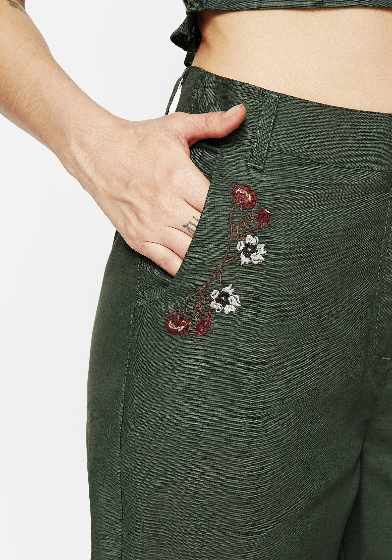 Whisper Embroidered Linen-Blend Tapered Trousers Reinforced Pockets Fashion Forward