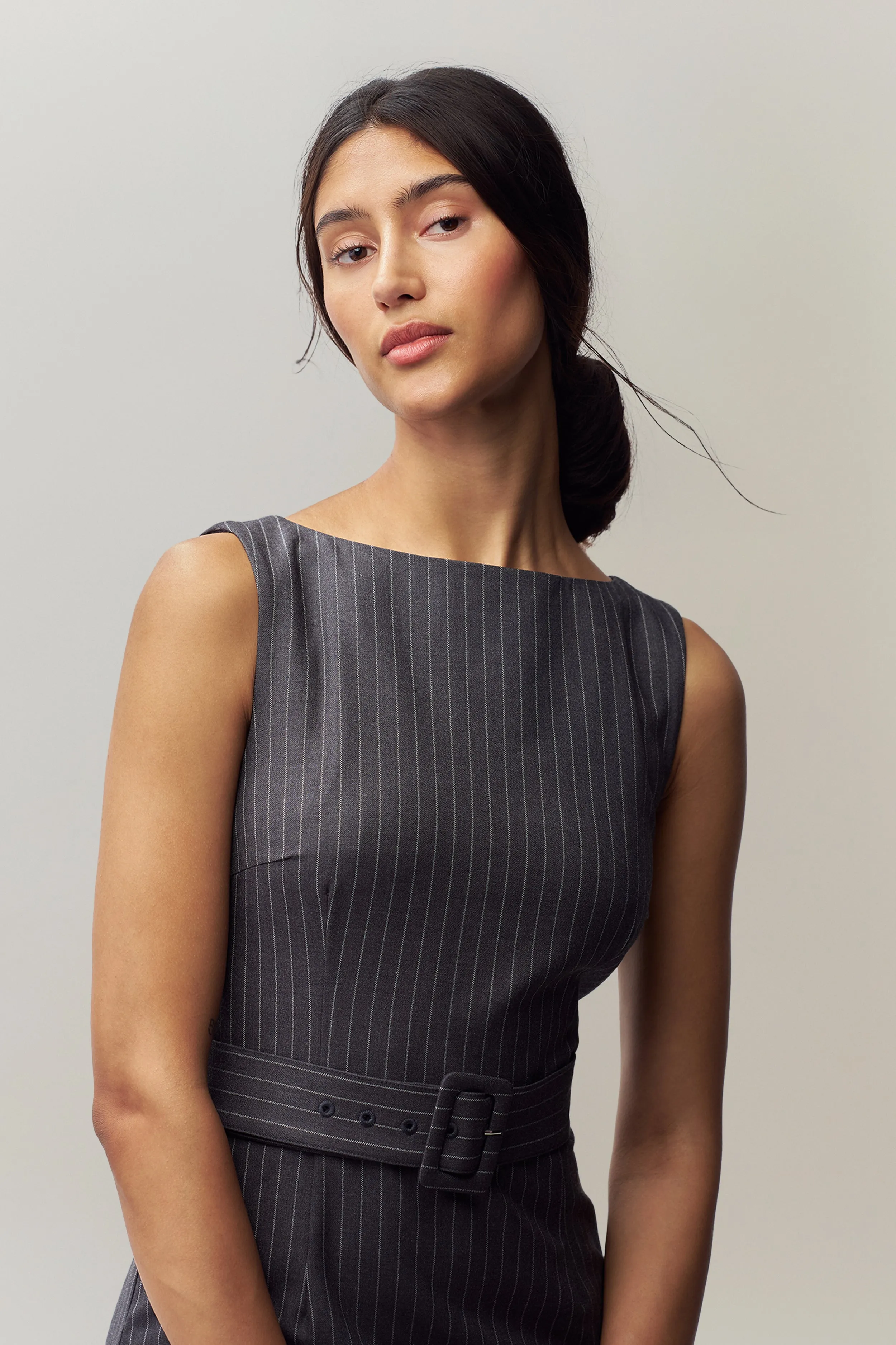 Square-Neck Via Pinstripe Dress