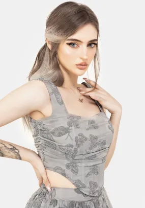 Vanessa Butterfly Print Organza Ruched Bodice Corset Top Ergonomic Pattern Design Durable Weave