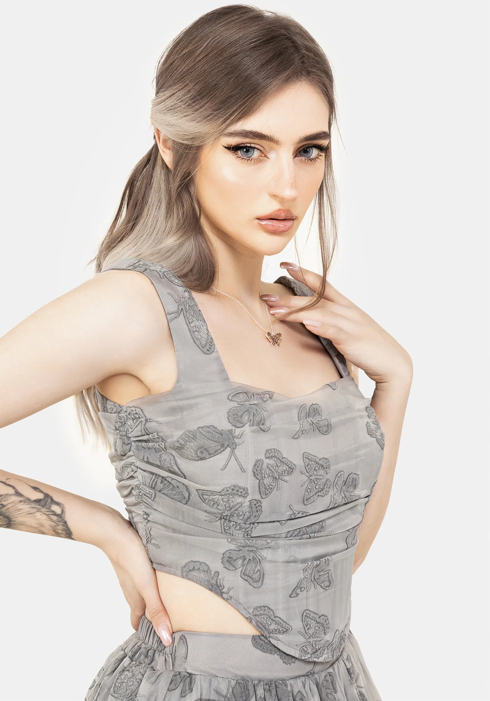 Vanessa Butterfly Print Organza Ruched Bodice Corset Top Ergonomic Pattern Design Durable Weave