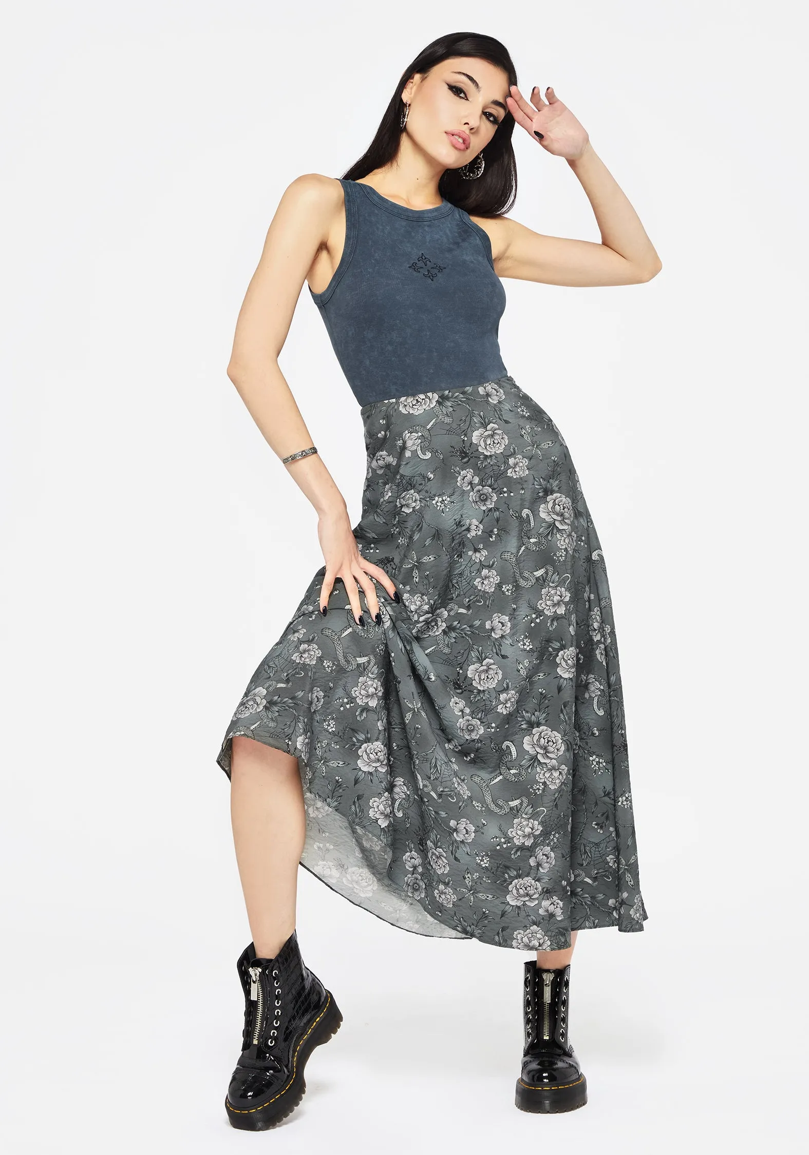 Meadow Floral Serpent Print Midaxi Skirt Cruise Attire Subtle Details