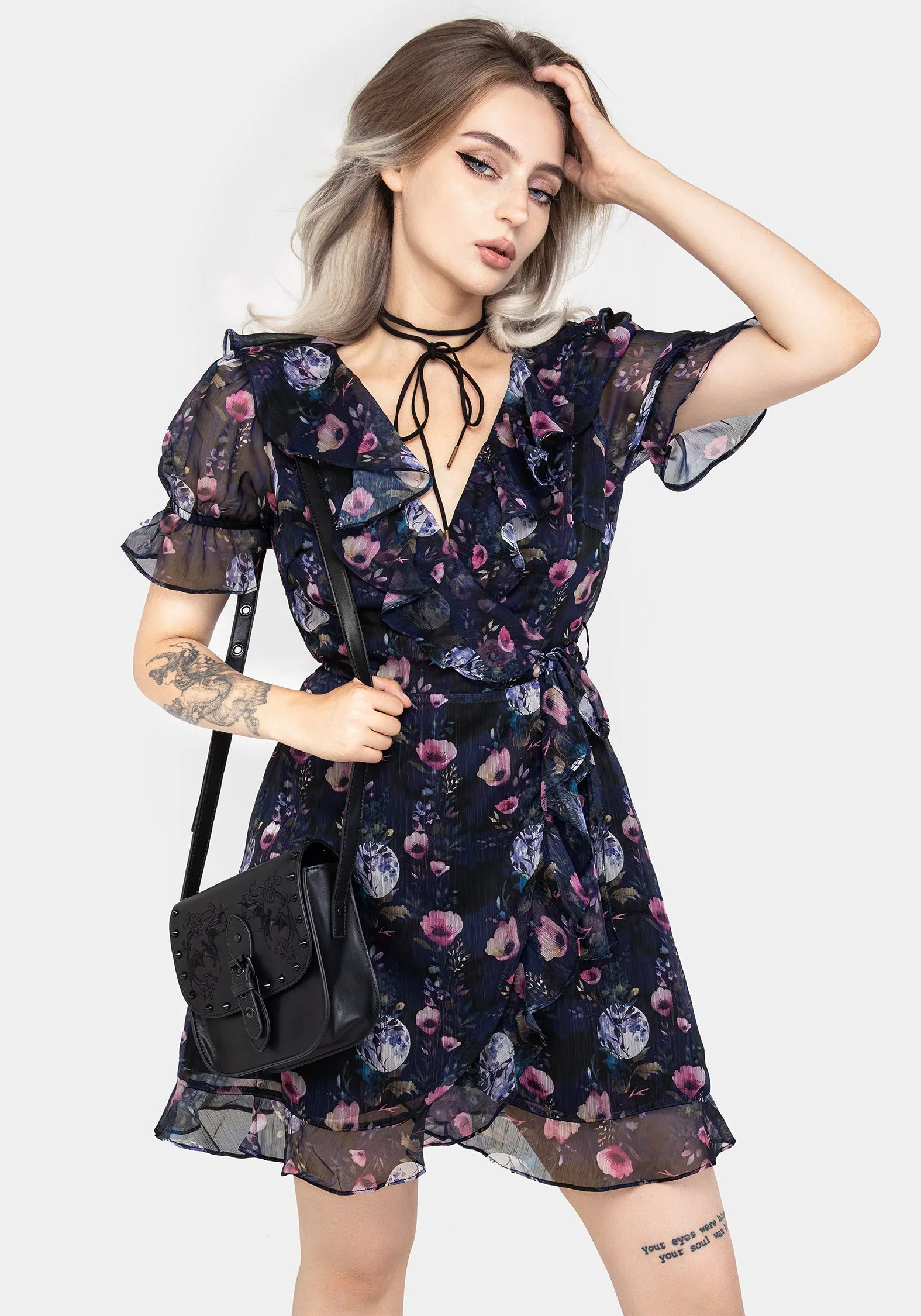 Socordia Floral Moon Chiffon Frill Wrap Mini Dress Soft Shine Feminine full-length gown