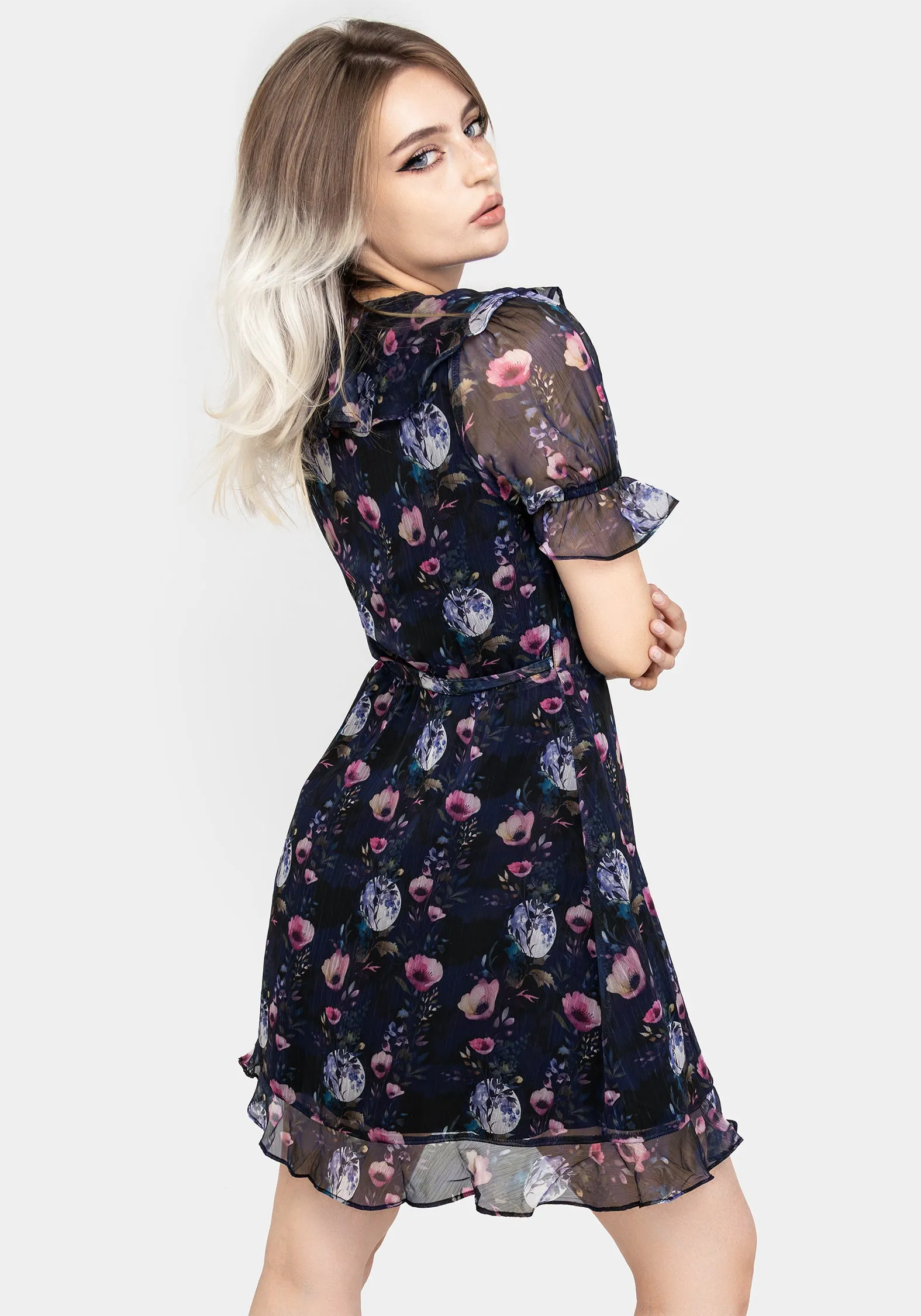 Pure Shape Socordia Floral Moon Chiffon Frill Wrap Mini Dress