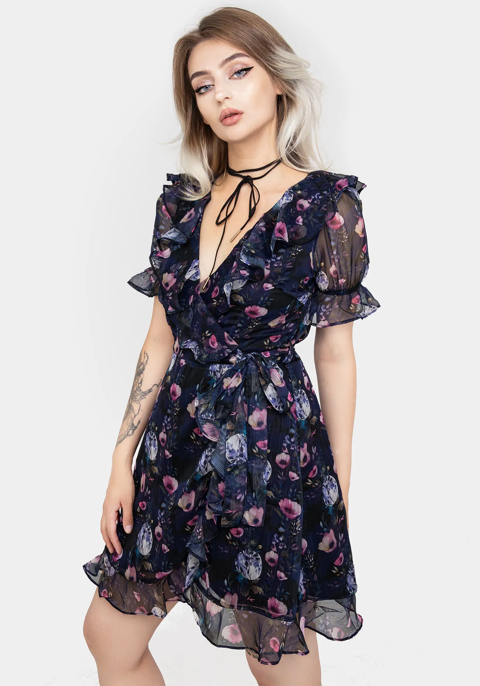 Socordia Floral Moon Chiffon Frill Wrap Mini Dress Timeless playful piece