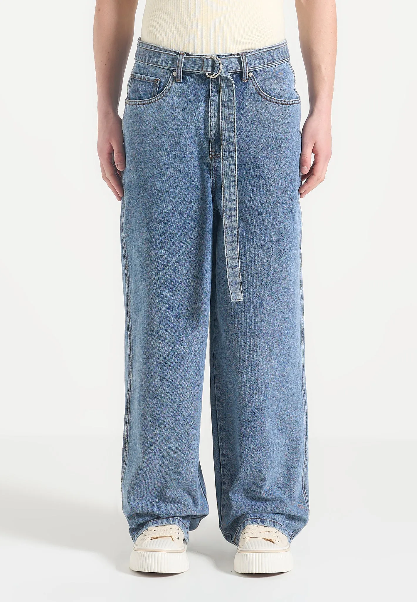 Adam - Wide Leg Belted Jeans - Blue Wash Weekend Warrior Earthy Work Ready Lightweight Textured